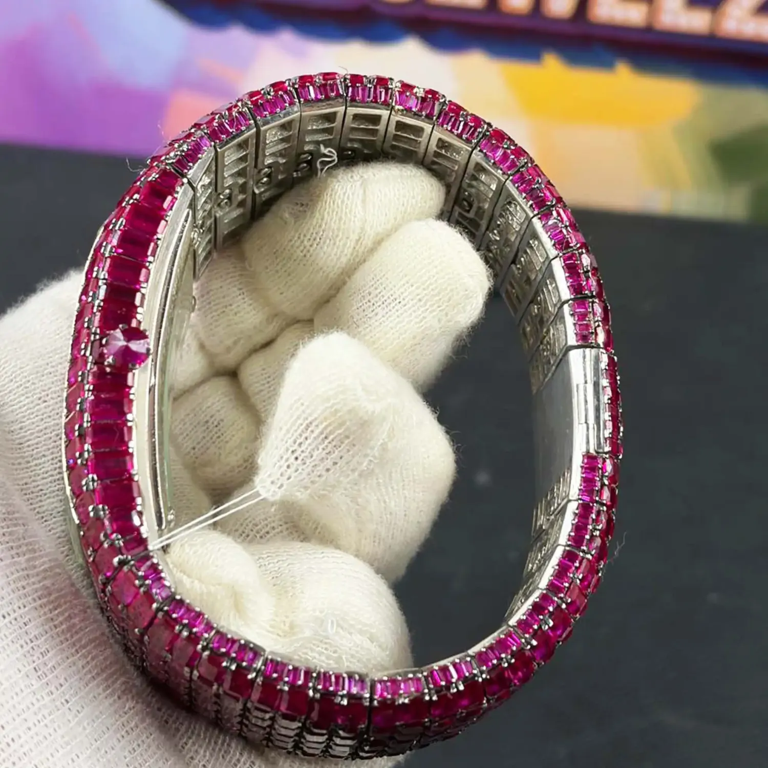 icedjewelz Pink Moissanite Custom Skeleton Watch - VVS Baguette Cut Full Iced Out Tank Watch - Image 6