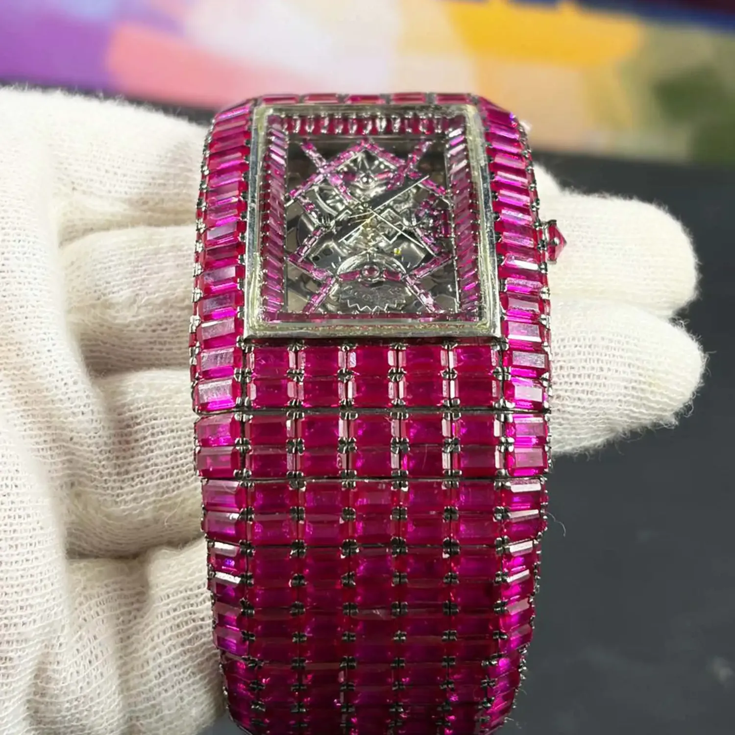 icedjewelz Pink Moissanite Custom Skeleton Watch - VVS Baguette Cut Full Iced Out Tank Watch - Image 5