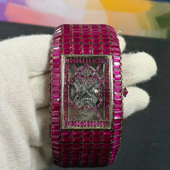 icedjewelz Pink Moissanite Custom Skeleton Watch - VVS Baguette Cut Full Iced Out Tank Watch
