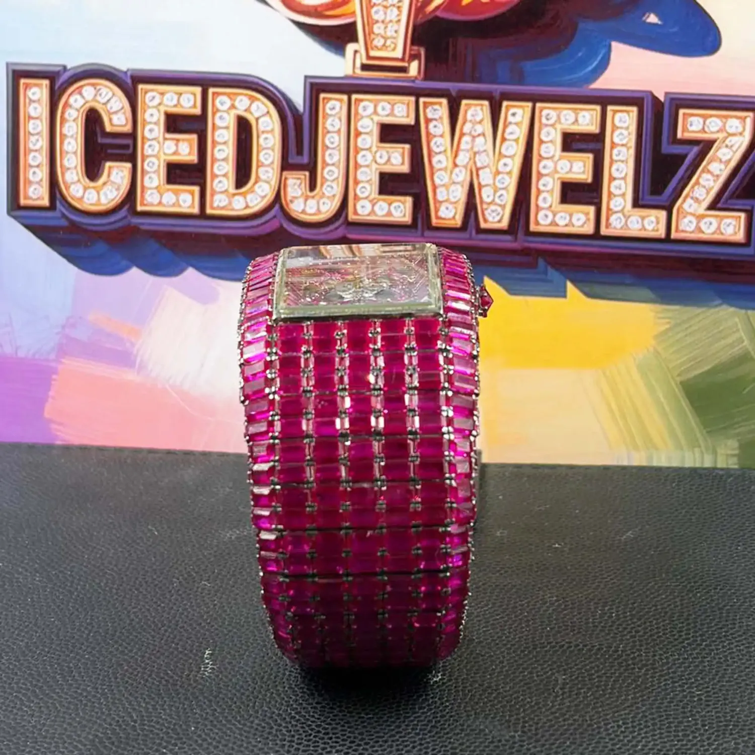 icedjewelz Pink Moissanite Custom Skeleton Watch - VVS Baguette Cut Full Iced Out Tank Watch - Image 3