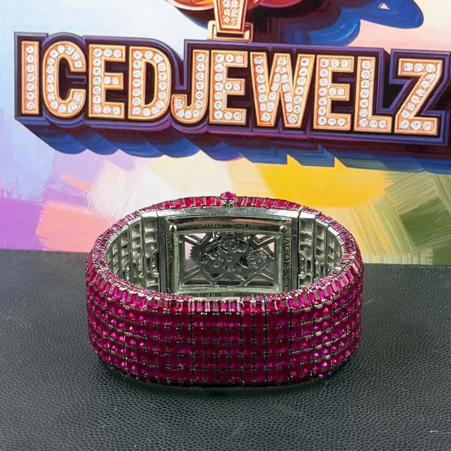 icedjewelz Pink Moissanite Custom Skeleton Watch - VVS Baguette Cut Full Iced Out Tank Watch - Image 2