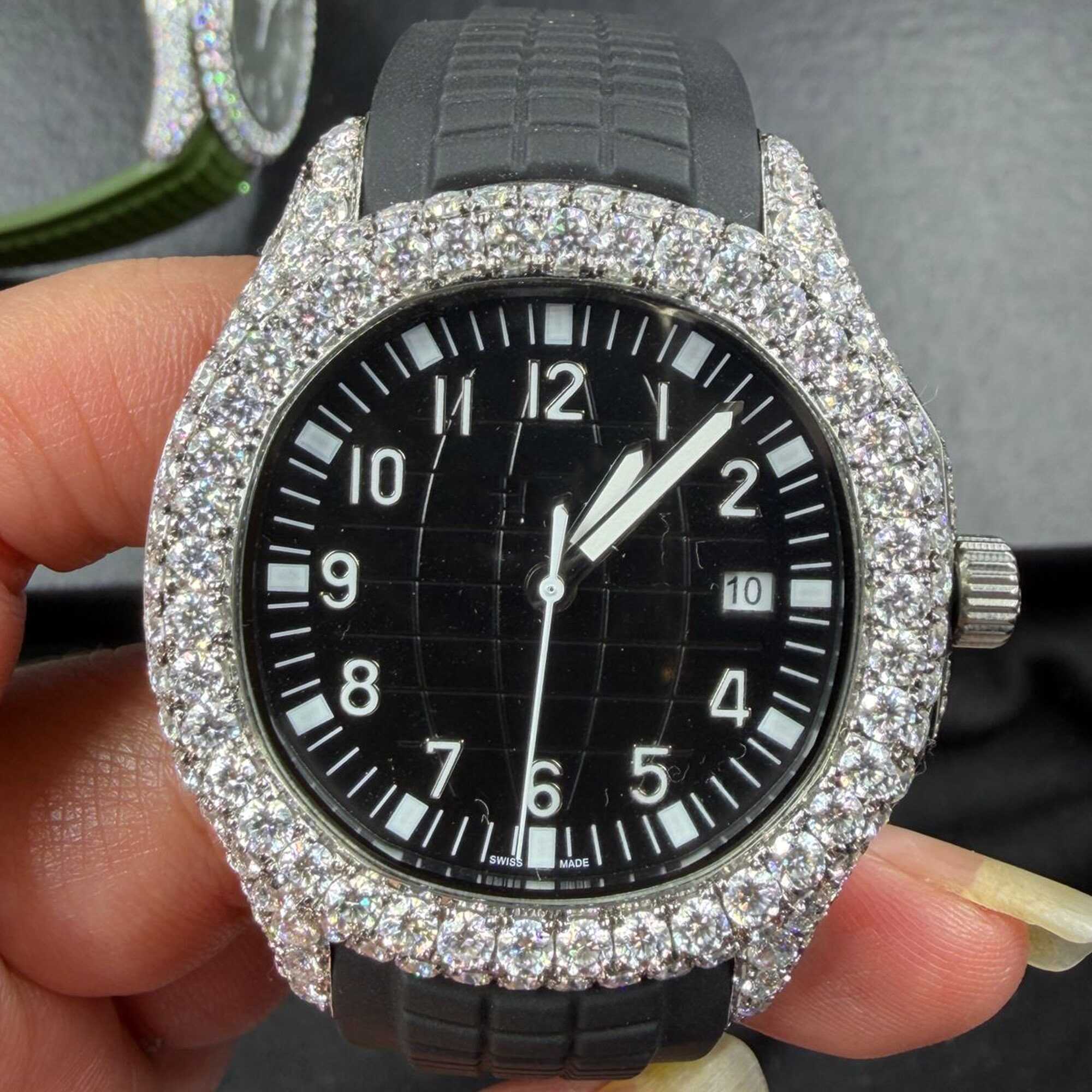IcedJewelz Fully Iced Out Custom Sport Watch – Black & Olive Green Edition 5 Moissanite Rubber Strap Watches