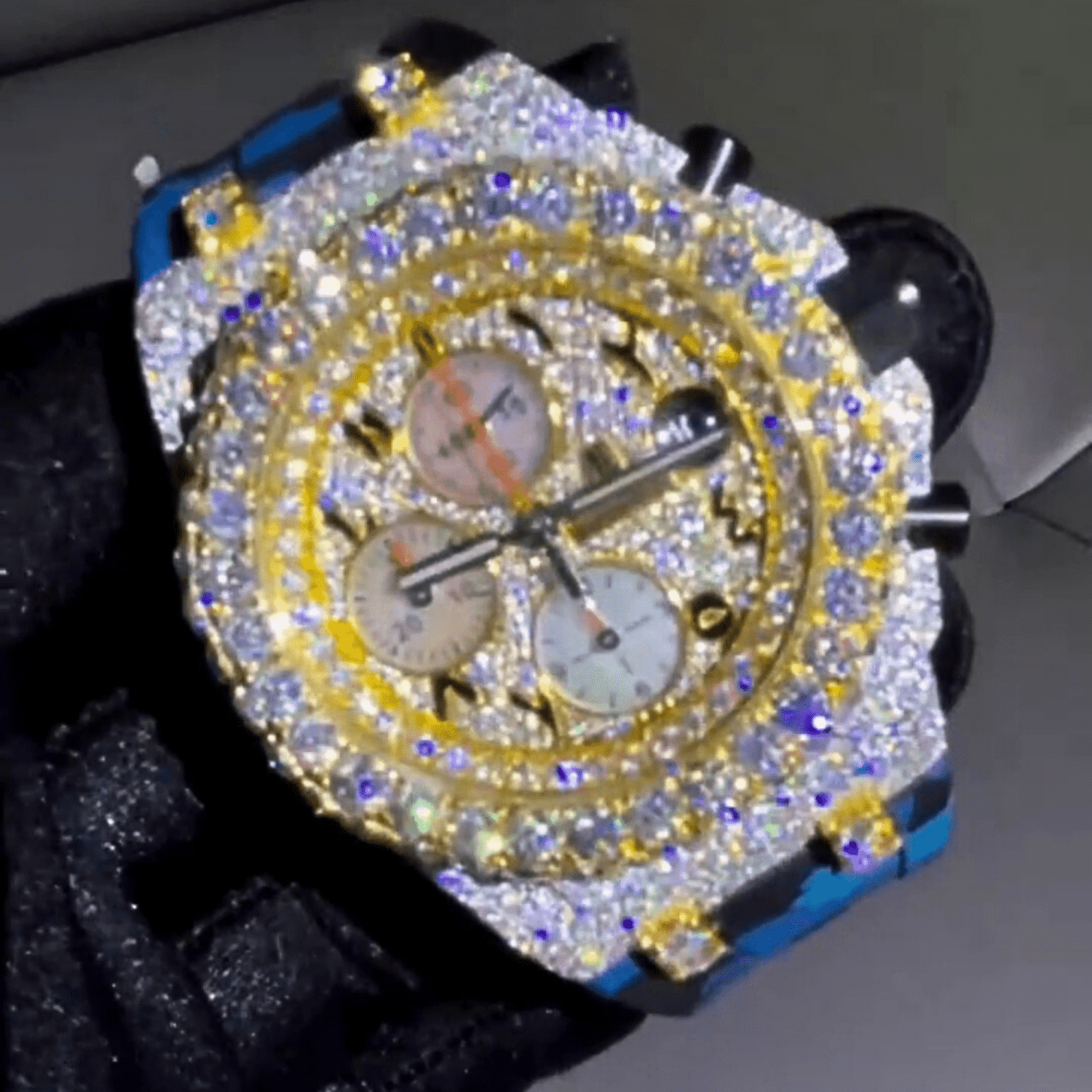 Custom Arabic Dial Two-Tone Chronograph – VVS Moissanite Double Flower Bezel Bust Down 3 Custom Arabic Dial Two-Tone Chronograph – VVS Moissanite Double Flower Bezel Bust Down - Image 3