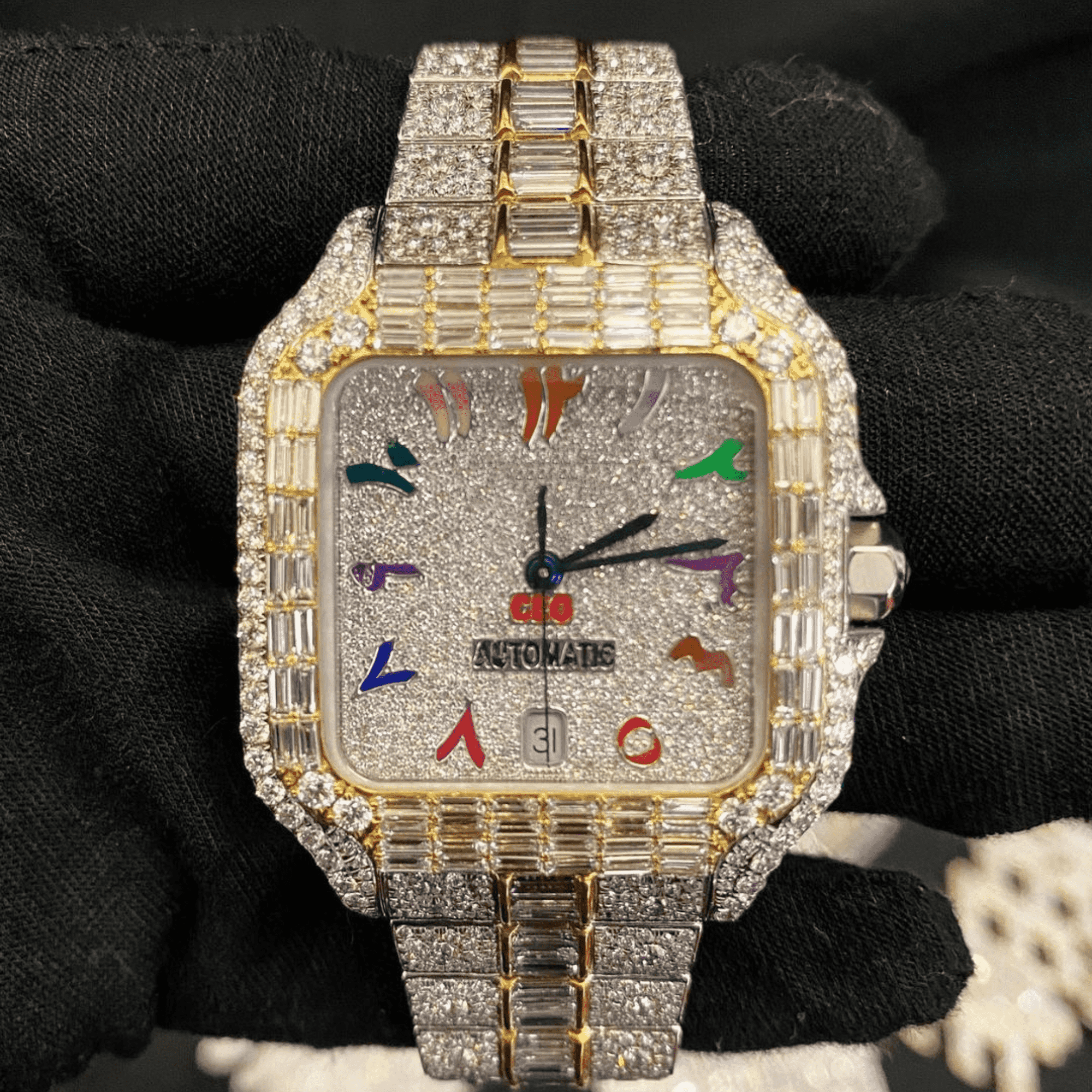 Custom Two-Tone Baguette Bezel Arabic Watch – VVS Moissanite Rainbow Dial Bust Down 1 Custom Two-Tone Baguette Bezel Arabic Watch – VVS Moissanite Rainbow Dial Bust Down