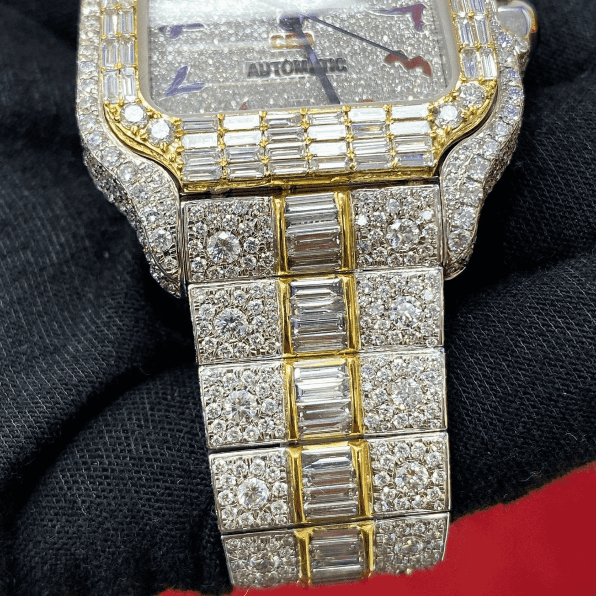 Custom Two-Tone Baguette Bezel Arabic Watch – VVS Moissanite Rainbow Dial Bust Down 4 Custom Two-Tone Baguette Bezel Arabic Watch – VVS Moissanite Rainbow Dial Bust Down - Image 4