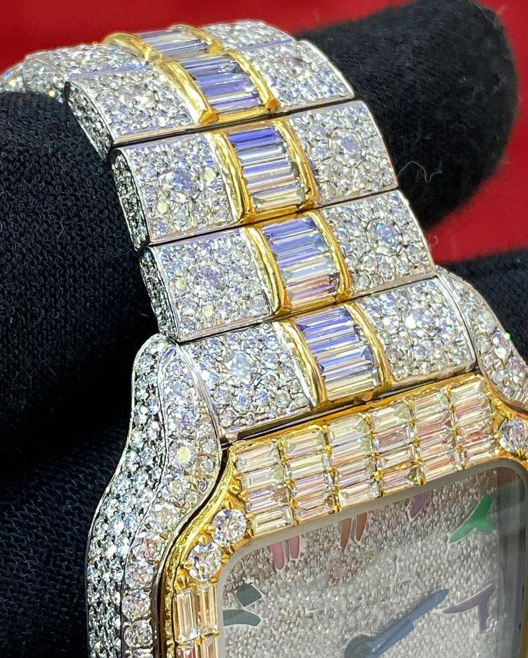 Custom Two-Tone Baguette Bezel Arabic Watch – VVS Moissanite Rainbow Dial Bust Down 6 Custom Two-Tone Baguette Bezel Arabic Watch – VVS Moissanite Rainbow Dial Bust Down - Image 6