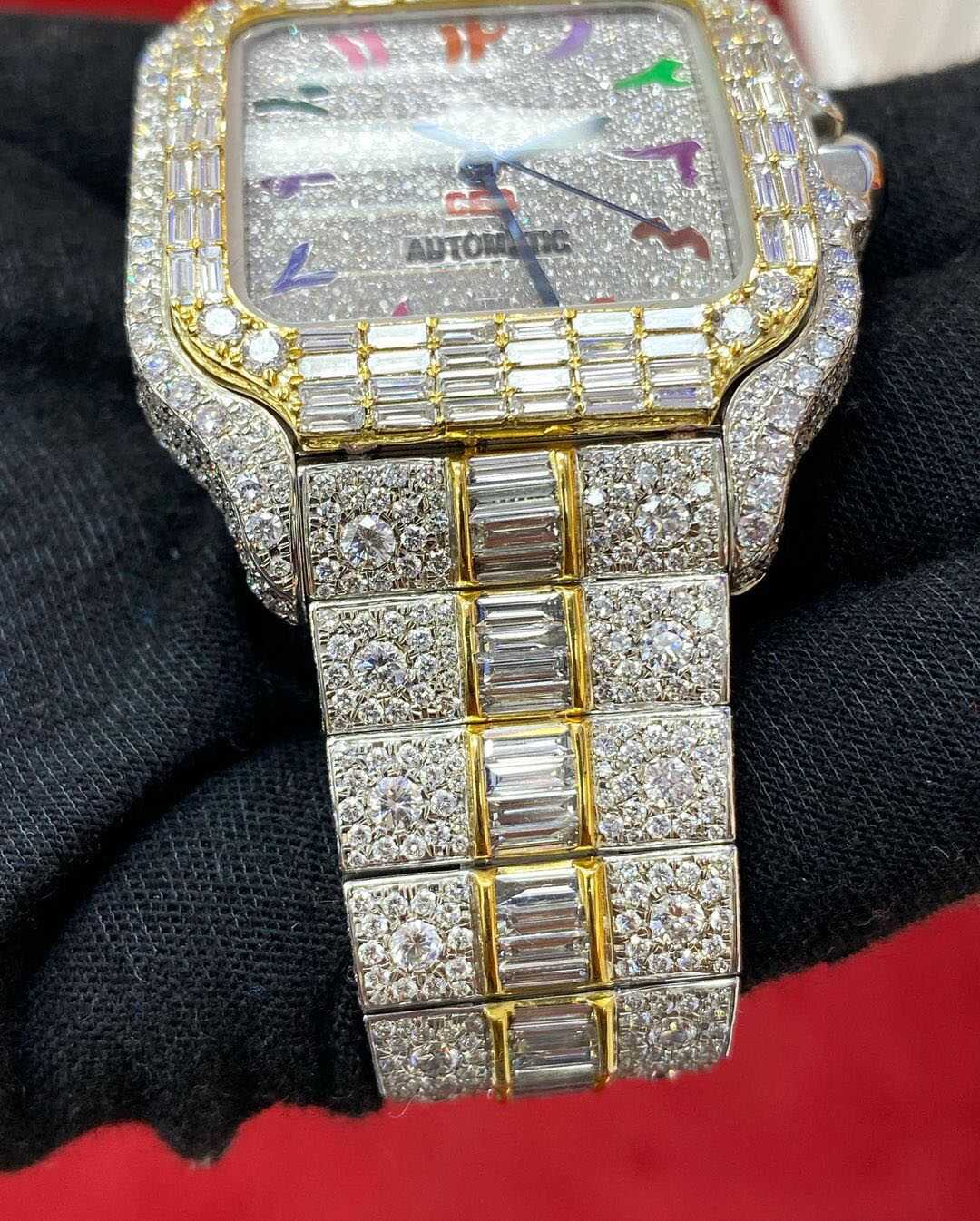 Custom Two-Tone Baguette Bezel Arabic Watch – VVS Moissanite Rainbow Dial Bust Down 3 Custom Two-Tone Baguette Bezel Arabic Watch – VVS Moissanite Rainbow Dial Bust Down - Image 3