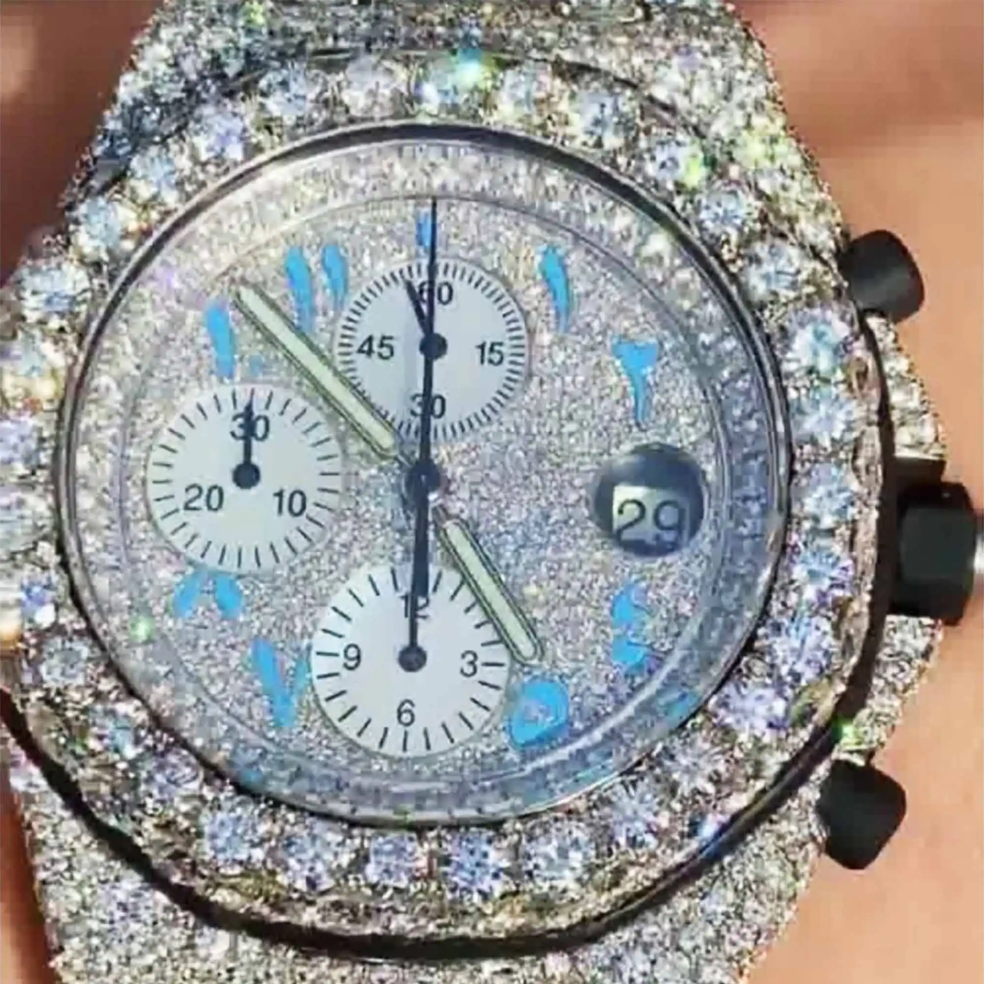 Custom Arabic Dial Chronograph Jumbo Flower Bezel Bust Down Watch – VVS Moissanite Blue Edition 1 Custom Arabic Dial Chronograph Jumbo Flower Bezel Bust Down Watch – VVS Moissanite Blue Edition