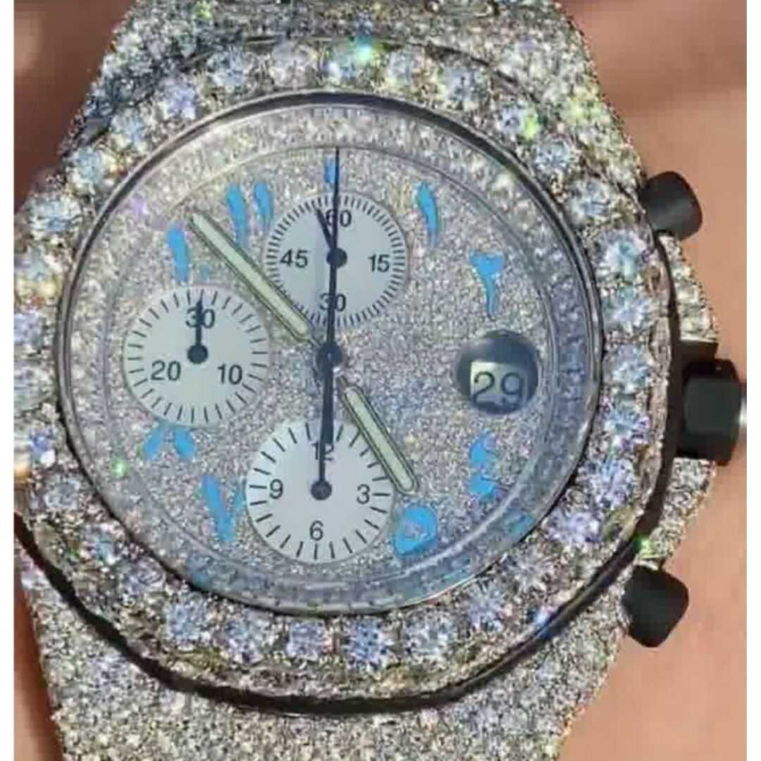 Custom Arabic Dial Chronograph Jumbo Flower Bezel Bust Down Watch – VVS Moissanite Blue Edition 7 Custom Arabic Dial Chronograph Jumbo Flower Bezel Bust Down Watch – VVS Moissanite Blue Edition - Image 7