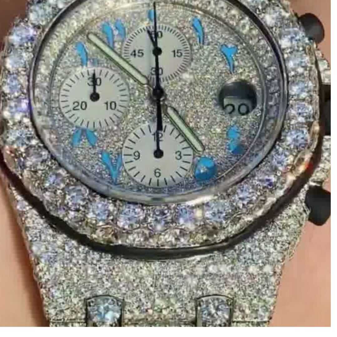 Custom Arabic Dial Chronograph Jumbo Flower Bezel Bust Down Watch – VVS Moissanite Blue Edition 5 Custom Arabic Dial Chronograph Jumbo Flower Bezel Bust Down Watch – VVS Moissanite Blue Edition - Image 5