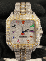 Custom Two-Tone Baguette Bezel Arabic Watch – VVS Moissanite Rainbow Dial Bust Down
