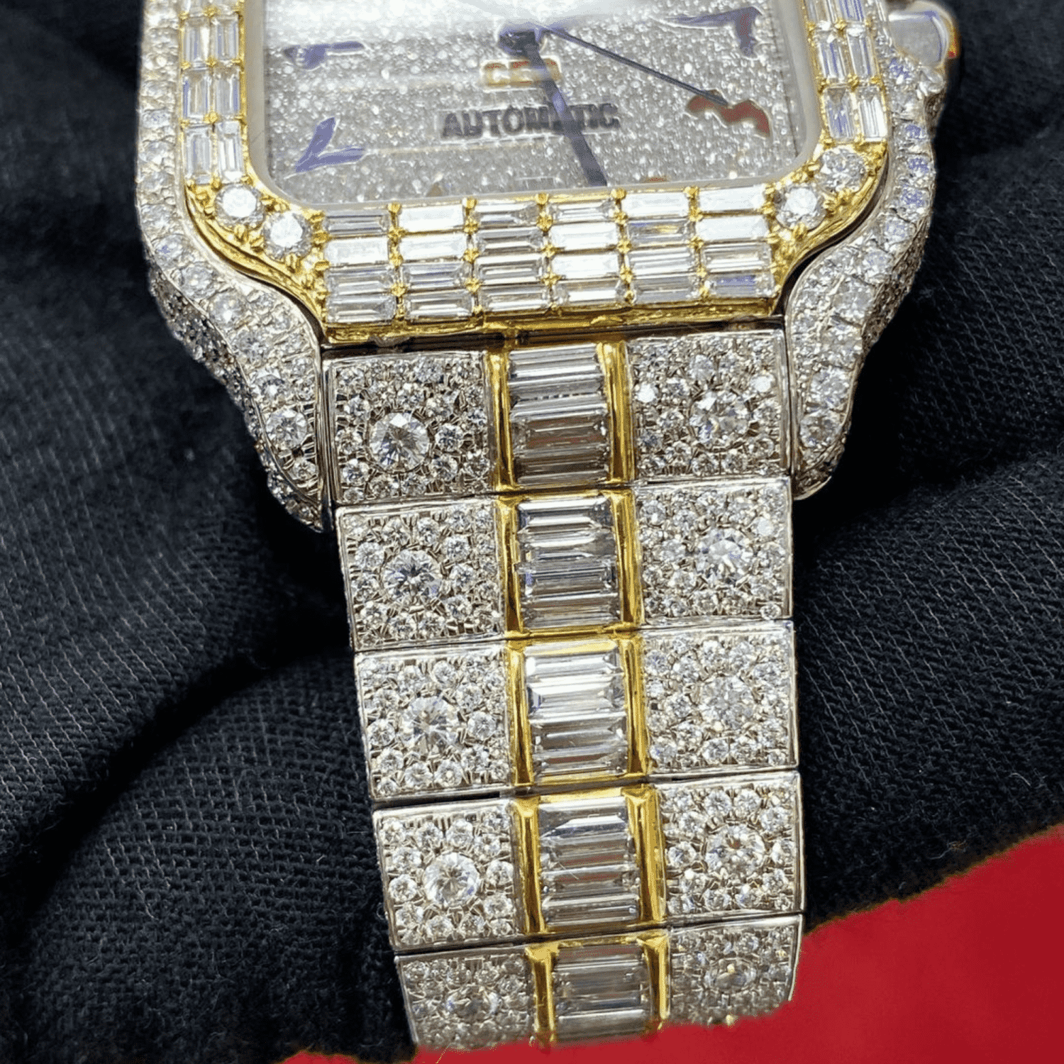 Custom Two-Tone Baguette Bezel Arabic Watch – VVS Moissanite Rainbow Dial Bust Down - Image 4