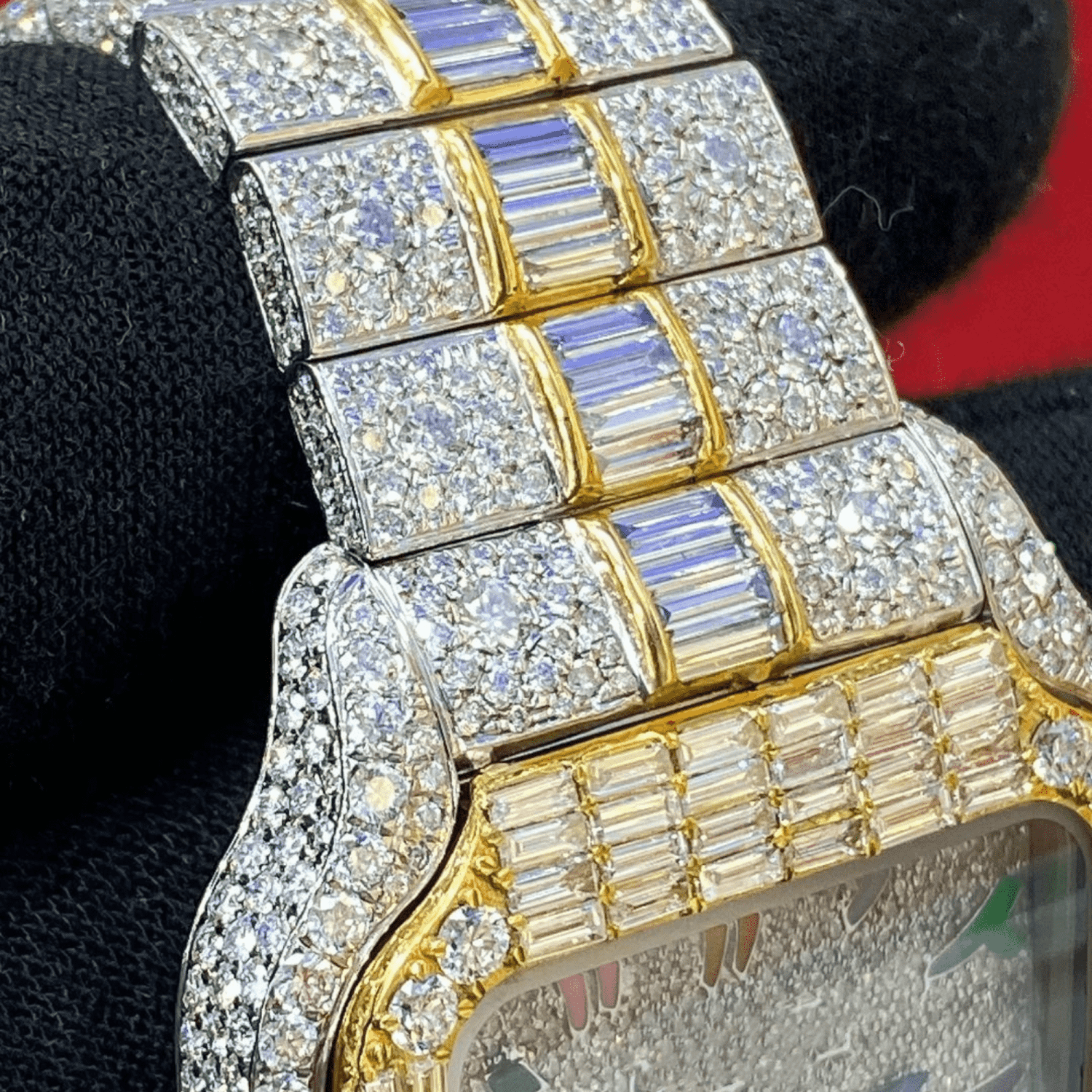 Custom Two-Tone Baguette Bezel Arabic Watch – VVS Moissanite Rainbow Dial Bust Down - Image 2