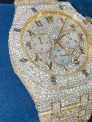 Custom Full Yellow Gold Chronograph Arabic Watch – VVS Moissanite Pastel Sub-Dial Bust Down