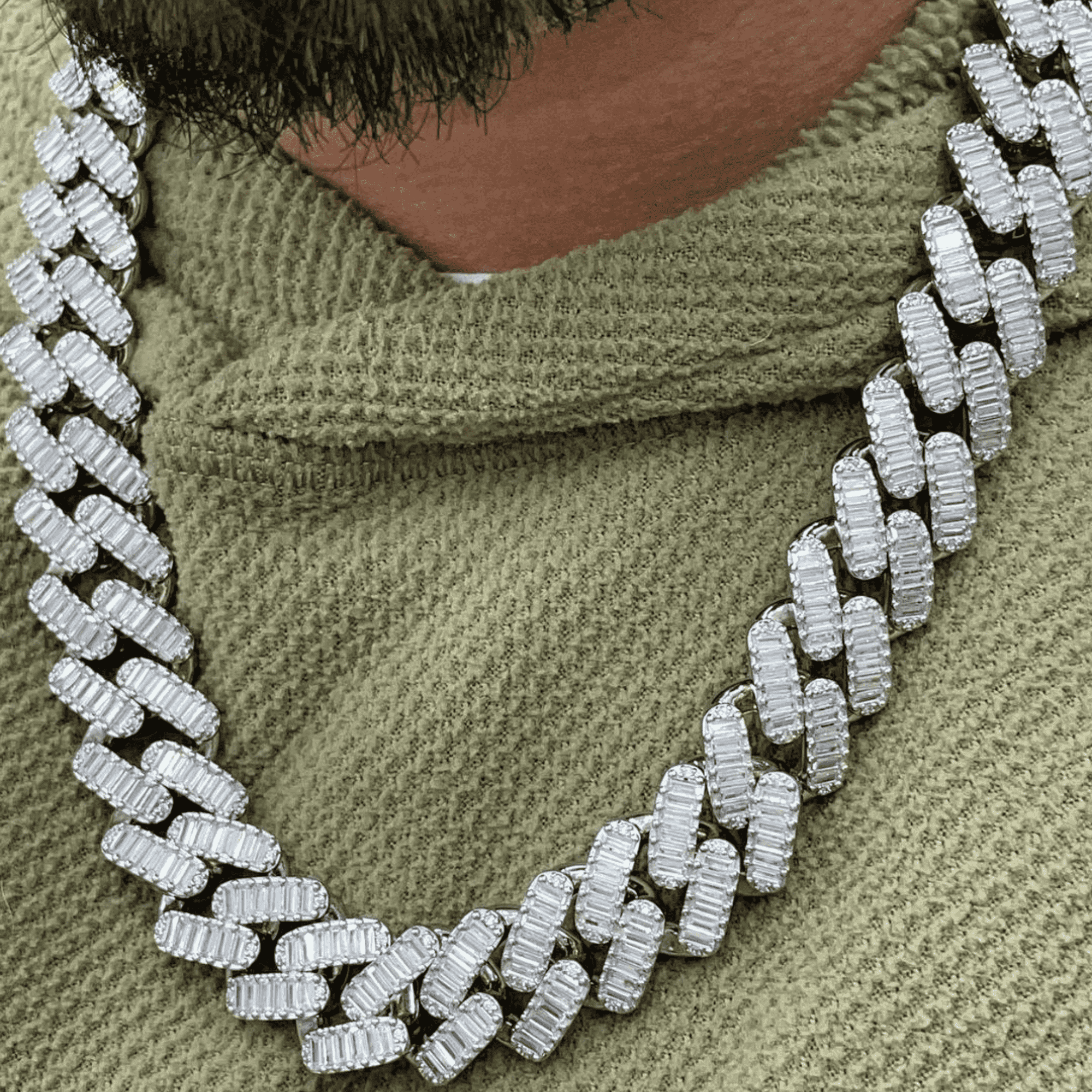 18mm Baguette Men’s Diamond Tone Silver Iced Out Cuban Link Moissanite Chains - Image 2