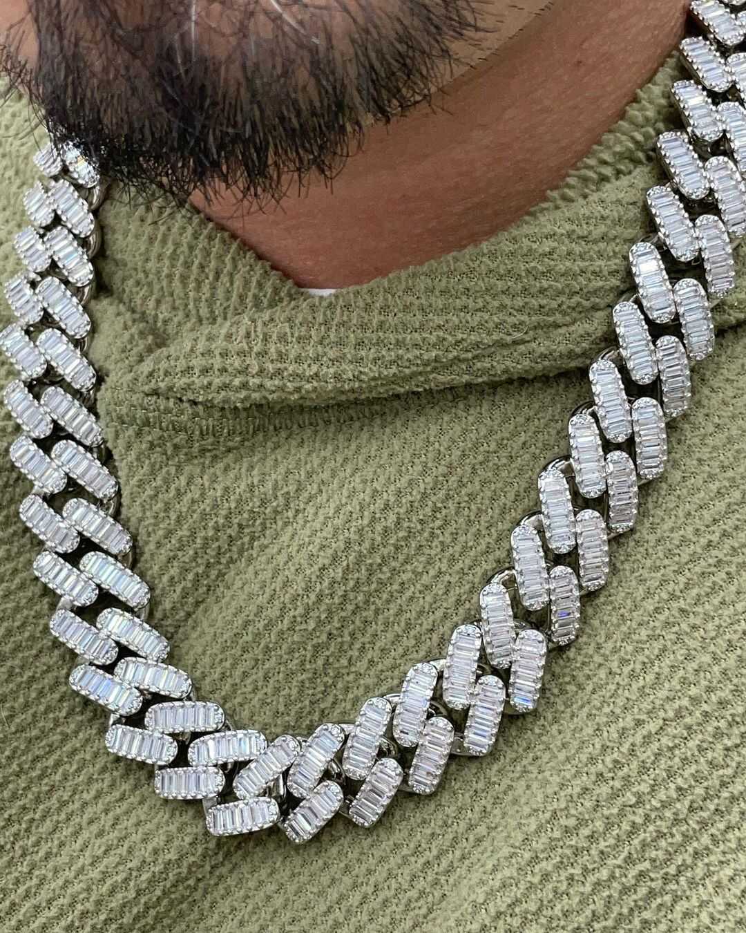 18mm Baguette Men’s Diamond Tone Silver Iced Out Cuban Link Moissanite Chains - Image 4