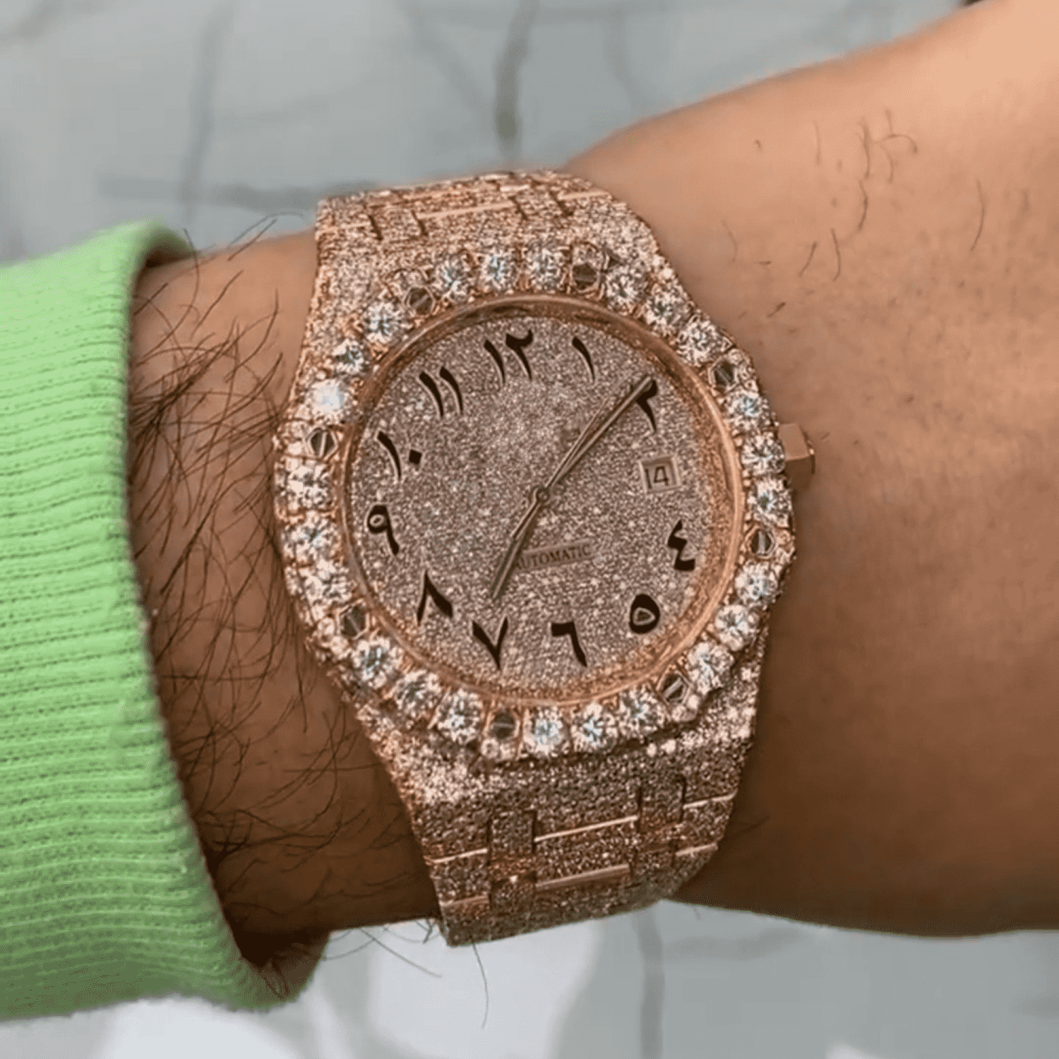 Custom Arabic Dial Jumbo Flower Bezel Bust Down Watch – VVS Moissanite Full Rose Gold Edition - Image 3
