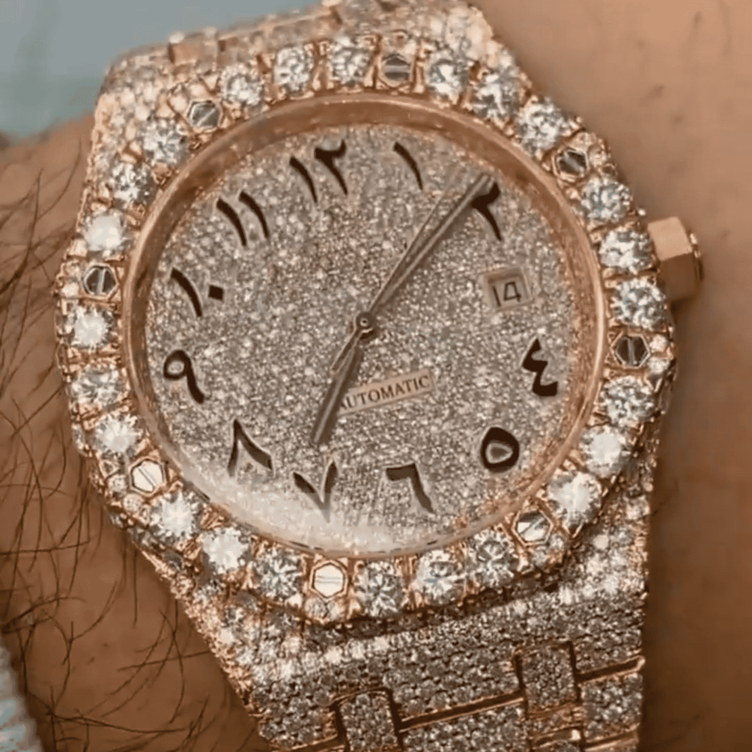 Custom Arabic Dial Jumbo Flower Bezel Bust Down Watch – VVS Moissanite Full Rose Gold Edition - Image 2