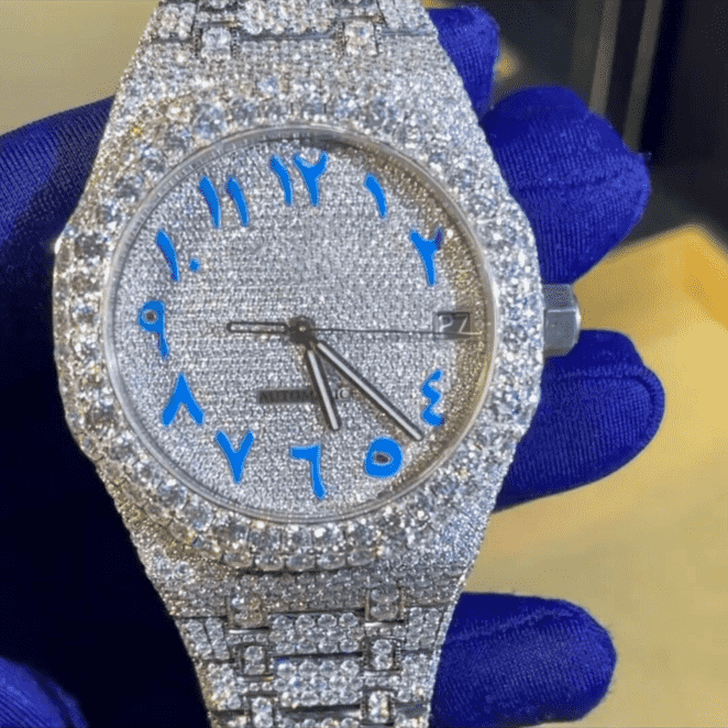 IcedJewelz Arabic Dial Jumbo Flower Bezel Bust Down Watch – VVS Moissanite Electric Blue Edition 1 IcedJewelz Arabic Dial Jumbo Flower Bezel Bust Down Watch – VVS Moissanite Electric Blue Edition