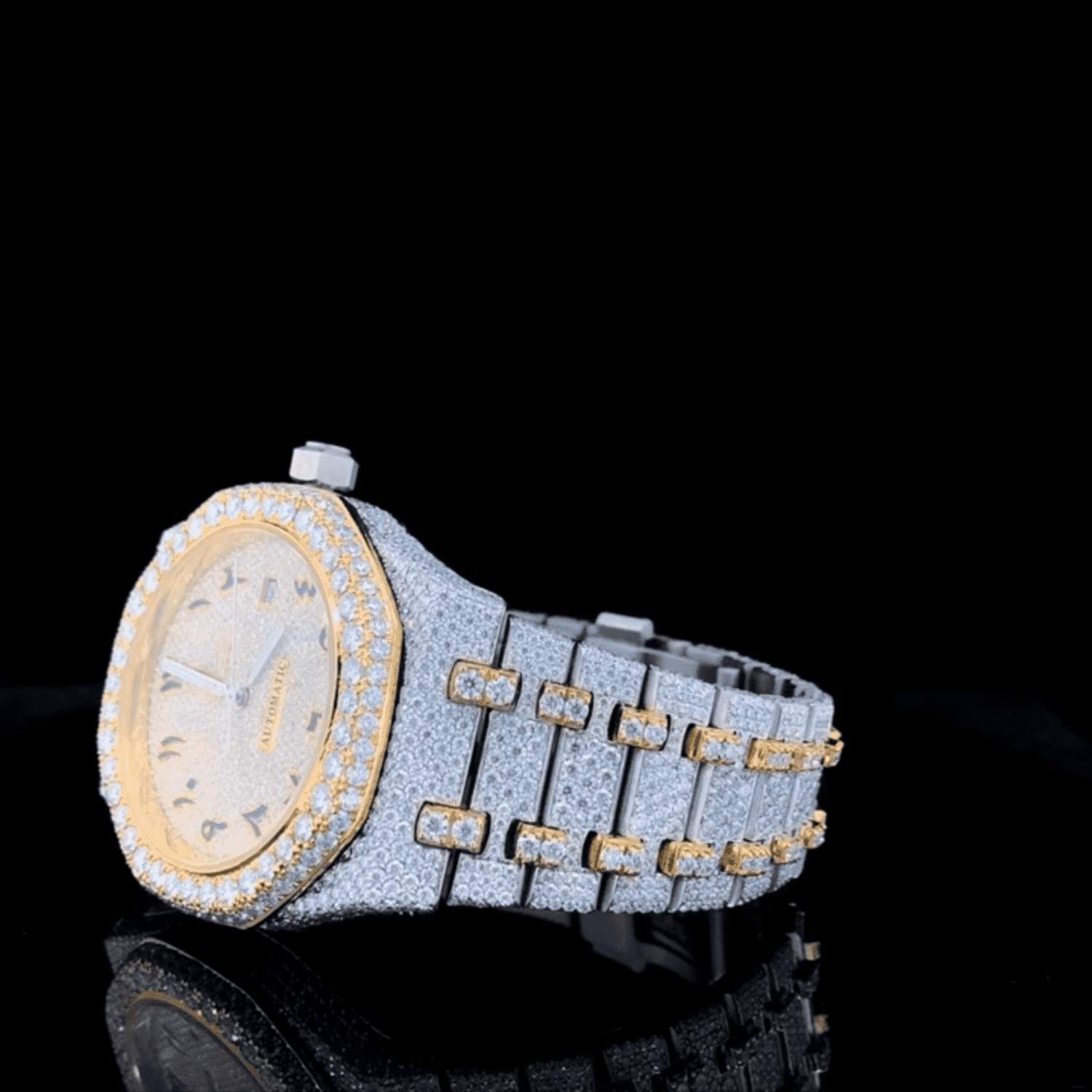 Custom Gold-Accent Arabic Dial Jumbo Flower Bezel Watch – VVS Moissanite Two-Tone Royal Edition - Image 4