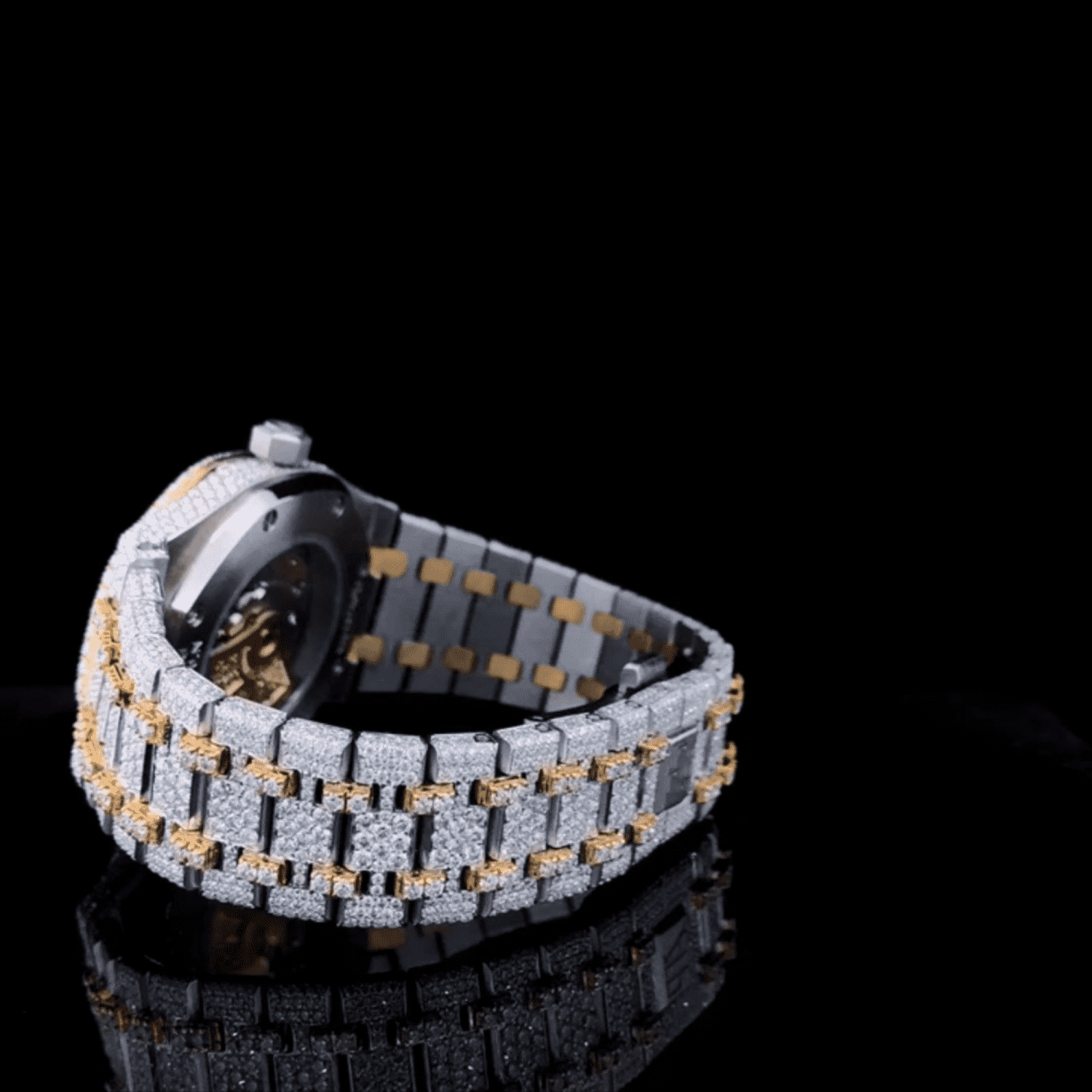 Custom Gold-Accent Arabic Dial Jumbo Flower Bezel Watch – VVS Moissanite Two-Tone Royal Edition - Image 8