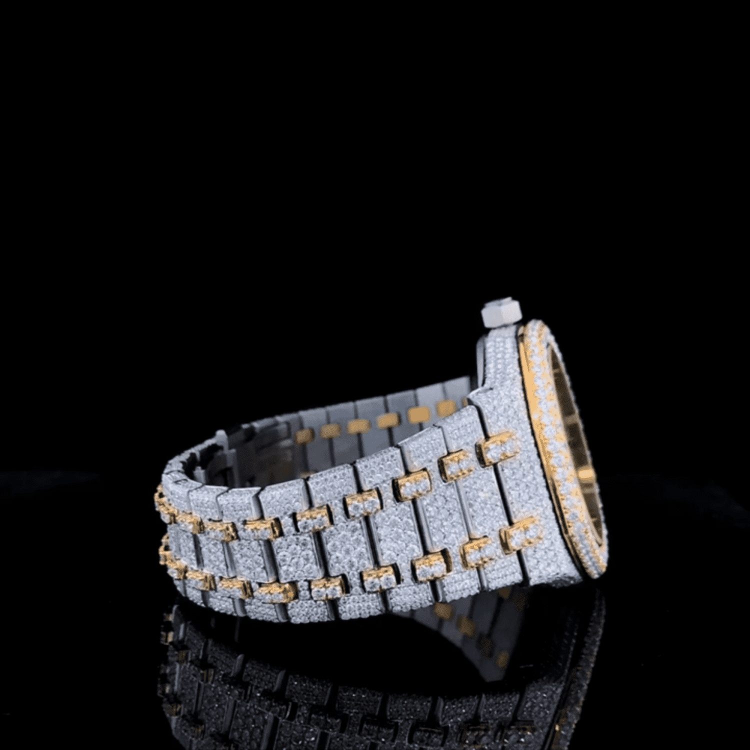 Custom Gold-Accent Arabic Dial Jumbo Flower Bezel Watch – VVS Moissanite Two-Tone Royal Edition - Image 5