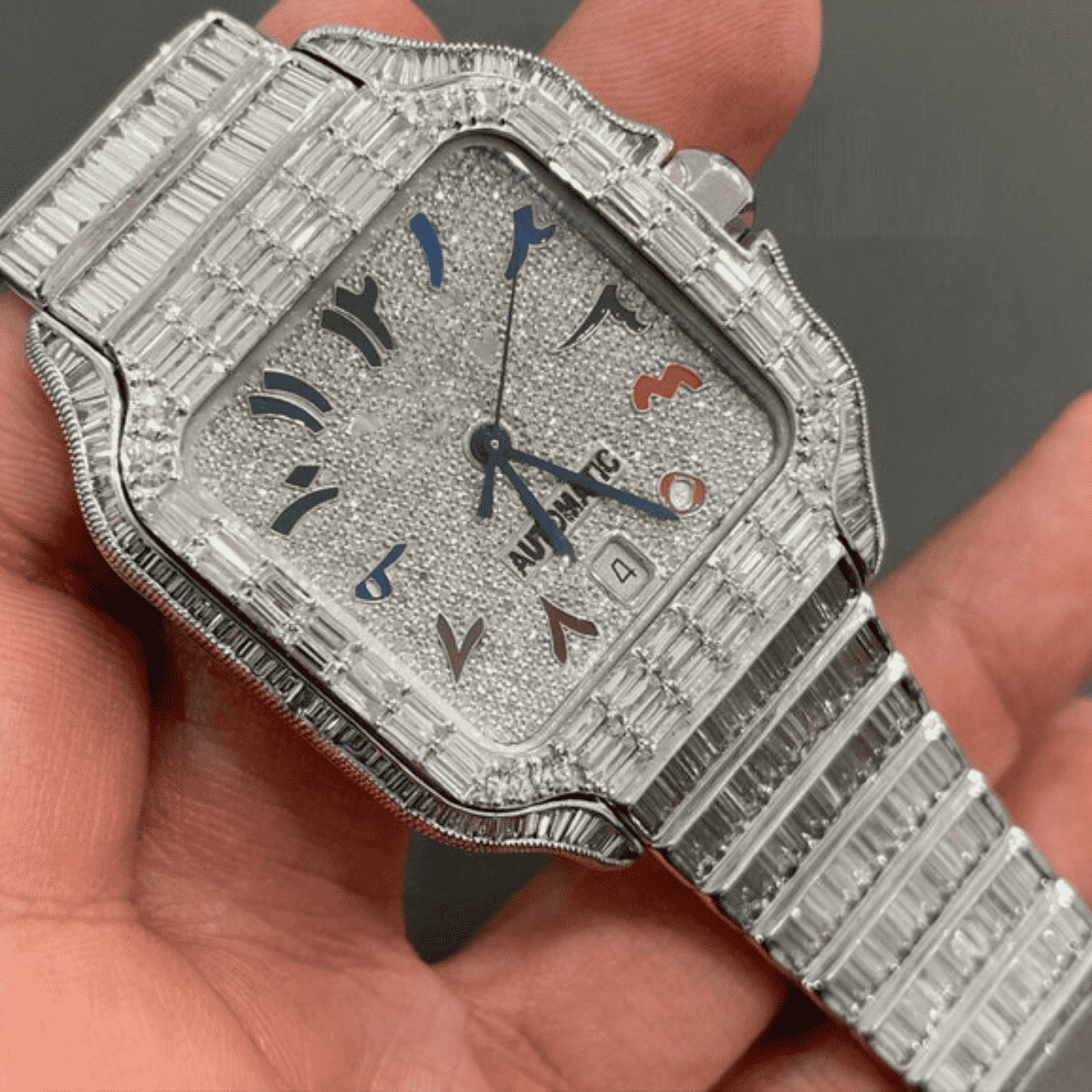 IcedJewelz Full Baguette Bezel Arabic Watch – VVS Moissanite Rainbow Dial Bust Down - Image 5