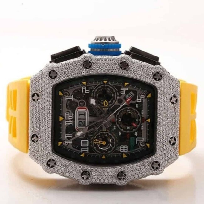 Premium Iced Out Moissanite Watch with Yellow Silicone Band - Image 5