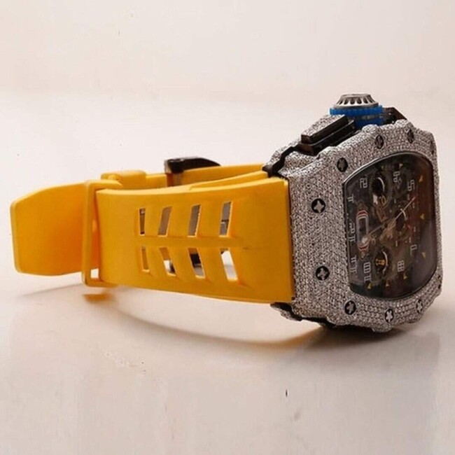 Premium Iced Out Moissanite Watch with Yellow Silicone Band - Image 2