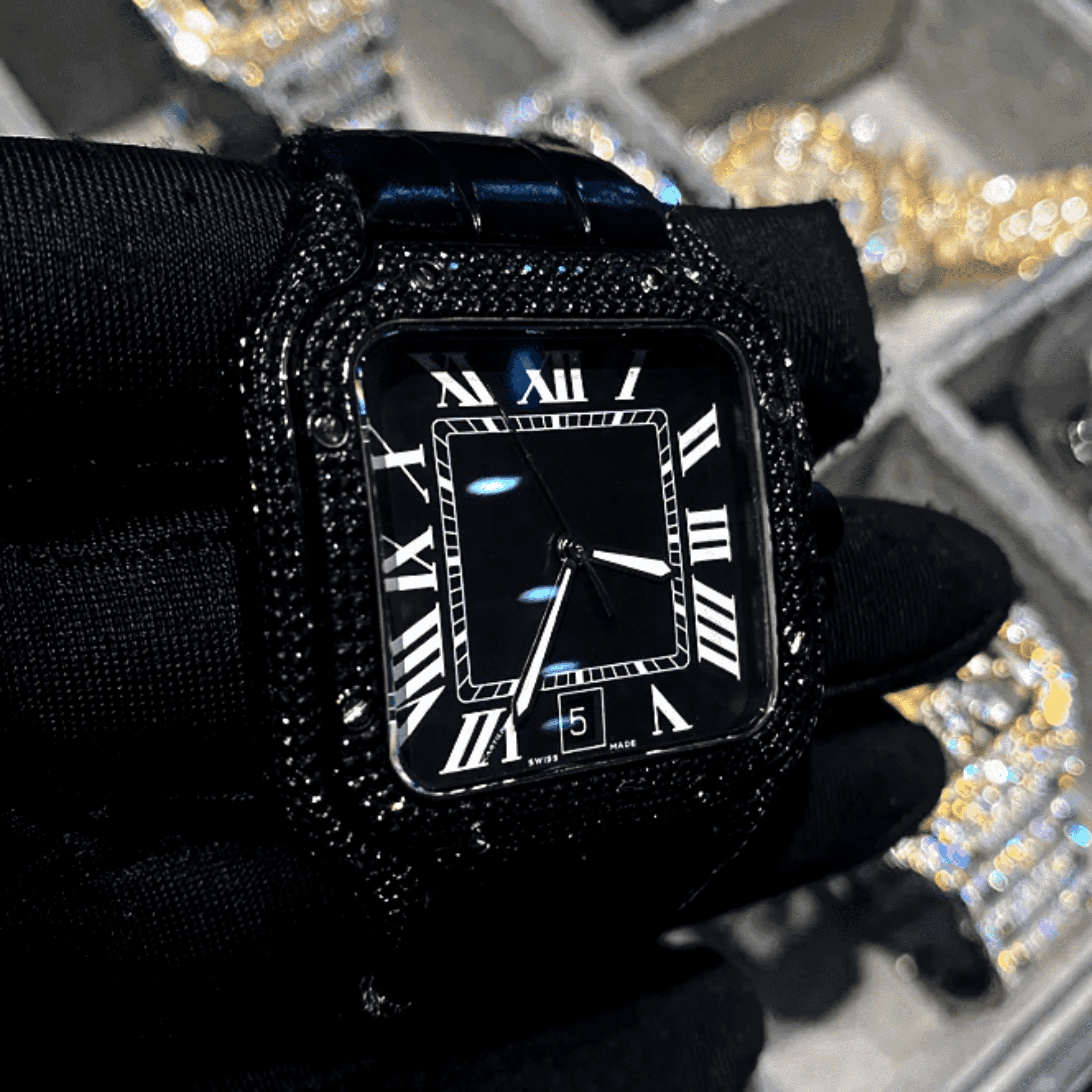Stylish Moissanite Iced Out Watch Men's Silicone Band 5 Moissanite Cartier Watches