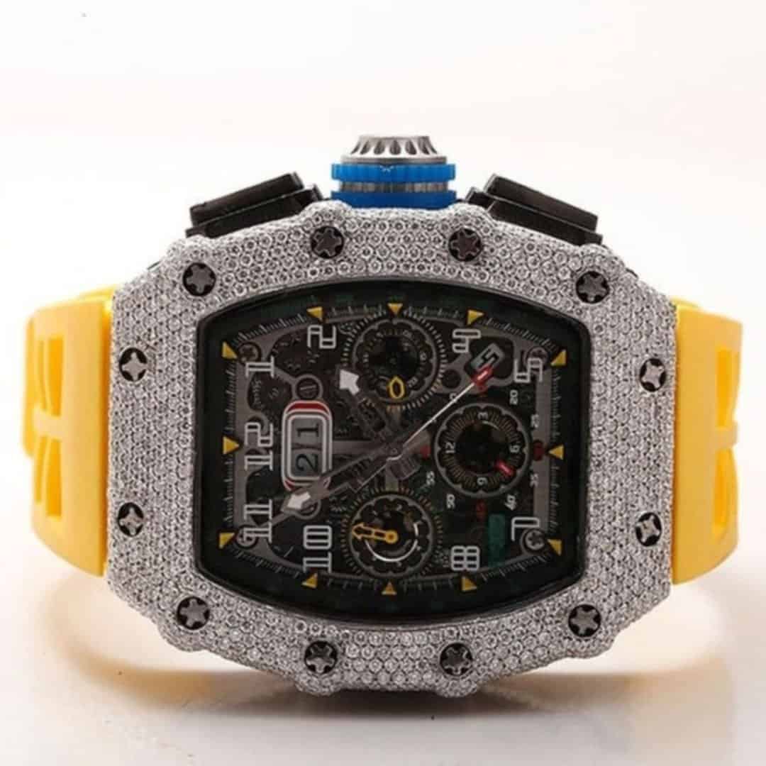 Premium Iced Out Moissanite Watch with Yellow Silicone Band 1 Premium Iced Out Moissanite Watch with Yellow Silicone Band