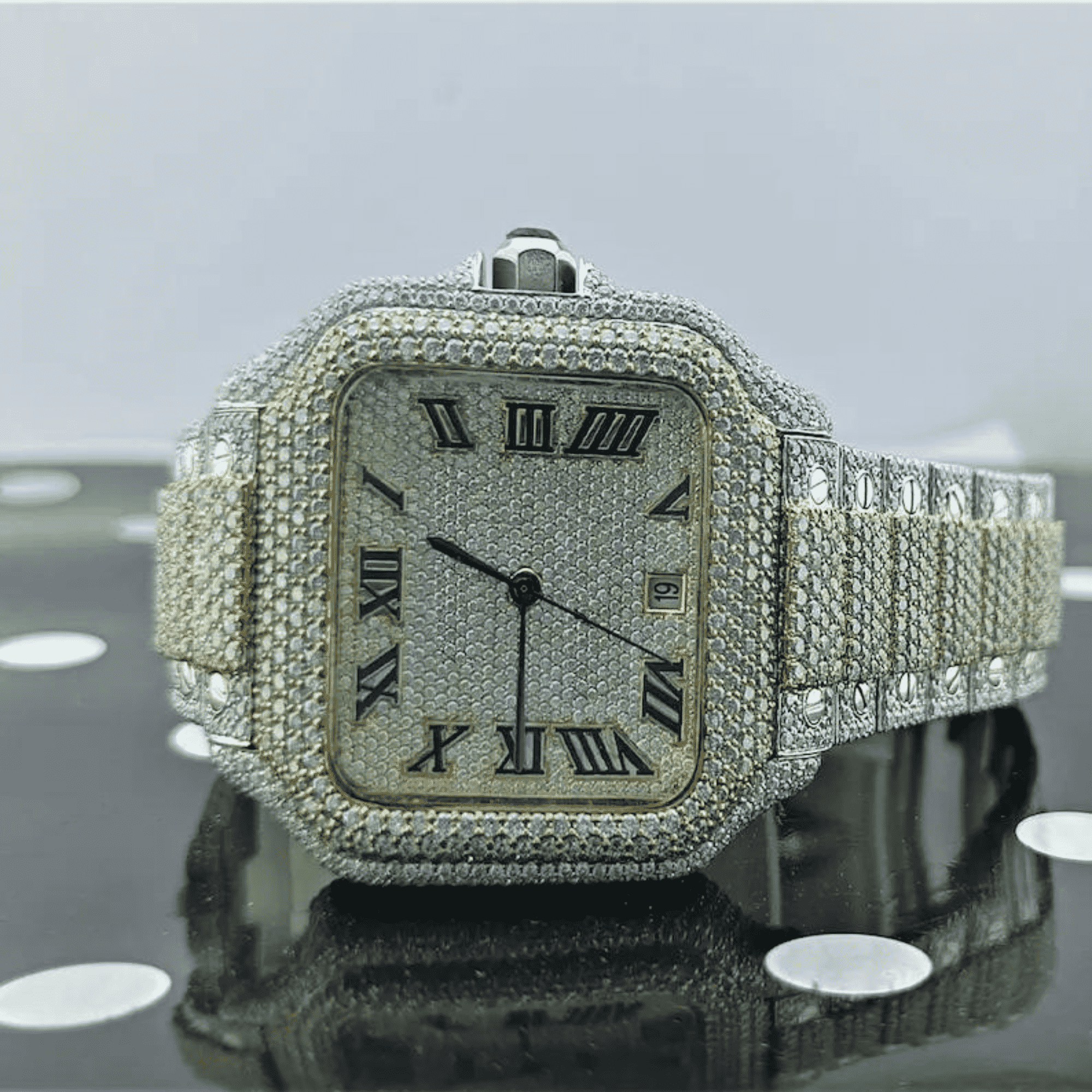 14K White Gold Plated Iced Out Men's Diamond Watch 1 Cartier Watch Moissanite