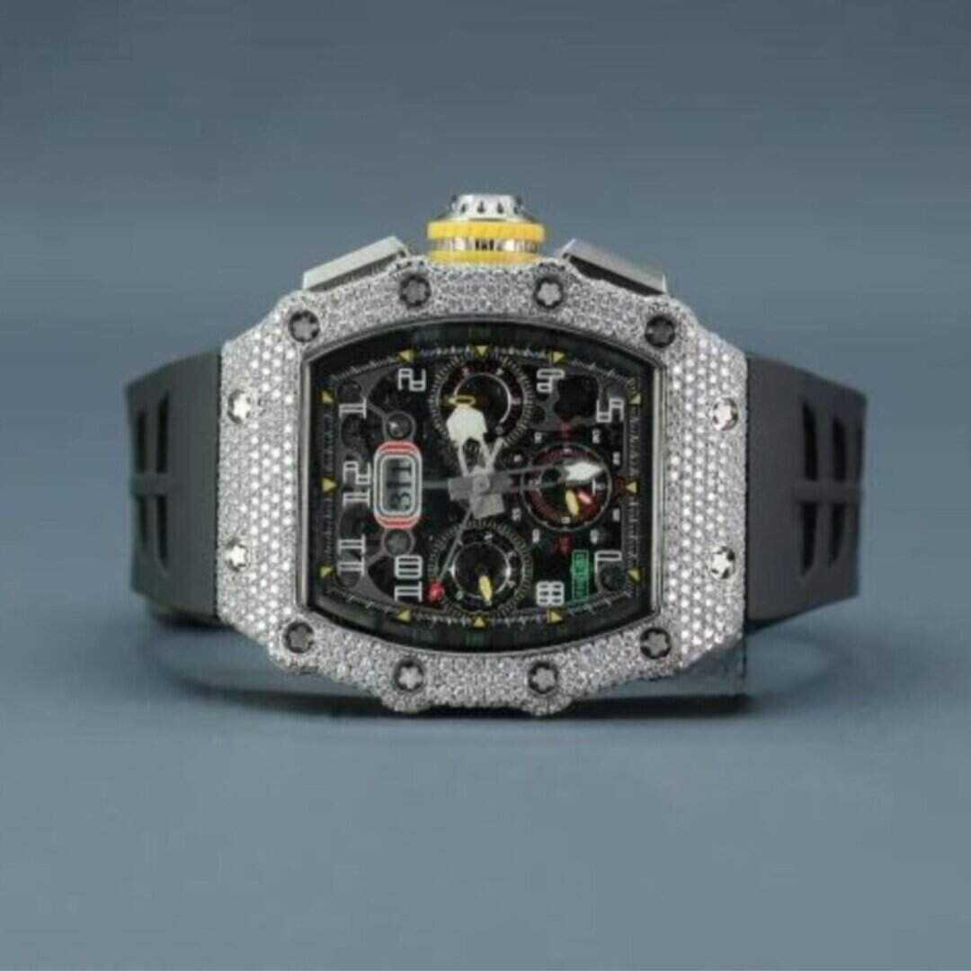 Moissanite Iced Out Chronograph Watch with Silicone Band 1 Moissanite Iced Out Chronograph Watch with Silicone Band