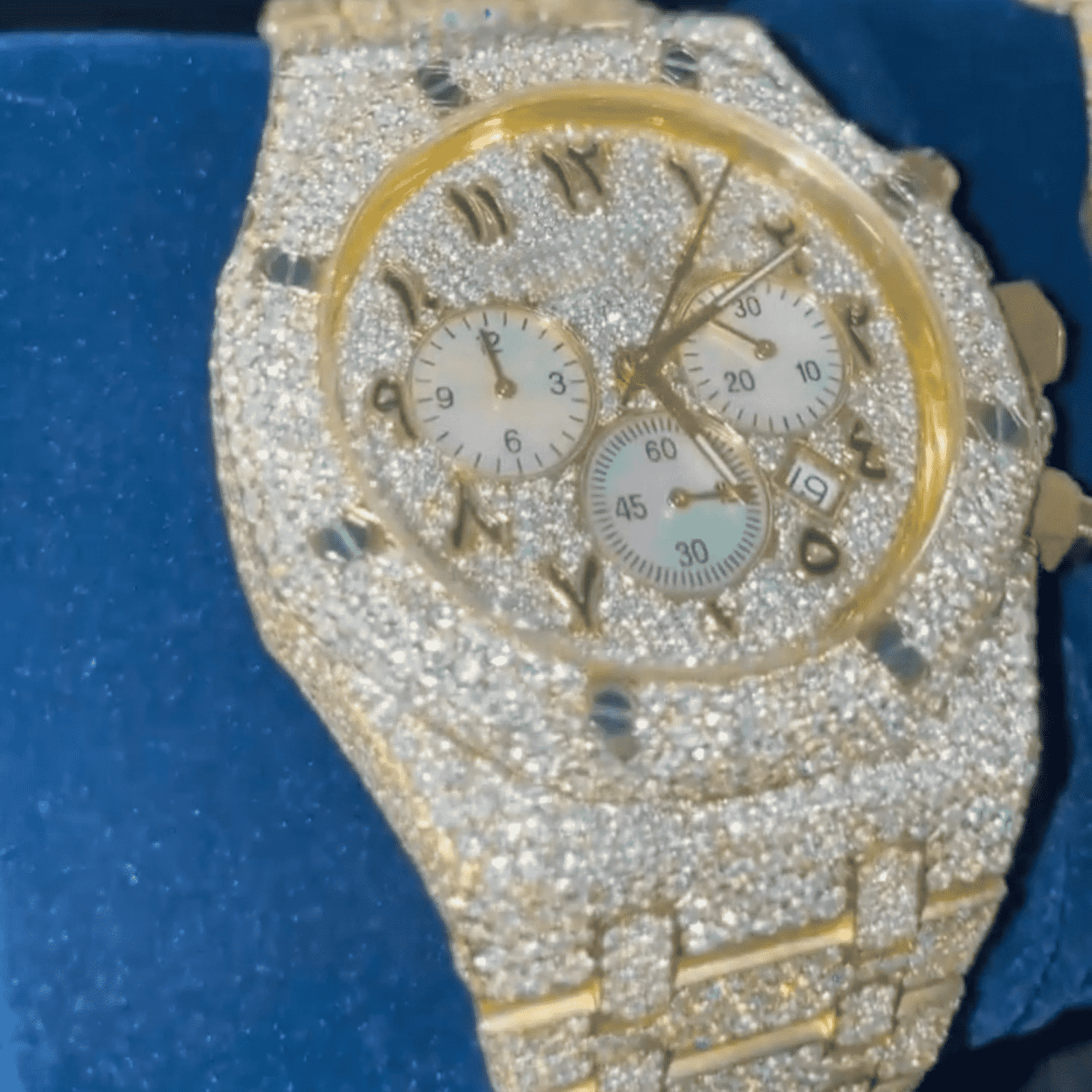 Custom Full Yellow Gold Chronograph Arabic Watch – VVS Moissanite Pastel Sub-Dial Bust Down 3 Custom Full Yellow Gold Chronograph Arabic Watch – VVS Moissanite Pastel Sub-Dial Bust Down - Image 3