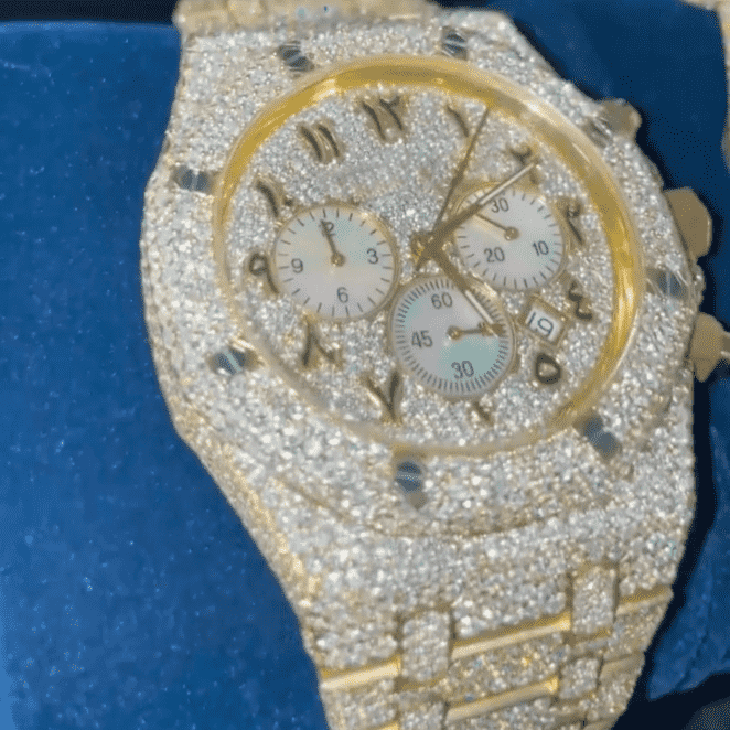 Custom Full Yellow Gold Chronograph Arabic Watch – VVS Moissanite Pastel Sub-Dial Bust Down