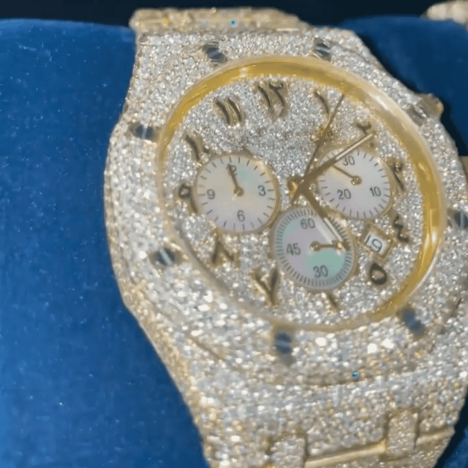 Custom Full Yellow Gold Chronograph Arabic Watch – VVS Moissanite Pastel Sub-Dial Bust Down 2 Custom Full Yellow Gold Chronograph Arabic Watch – VVS Moissanite Pastel Sub-Dial Bust Down - Image 2