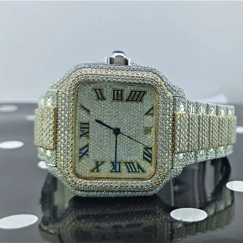 14K White Gold Plated Iced Out Men's Diamond Watch 5 Cartier Watch Moissanite