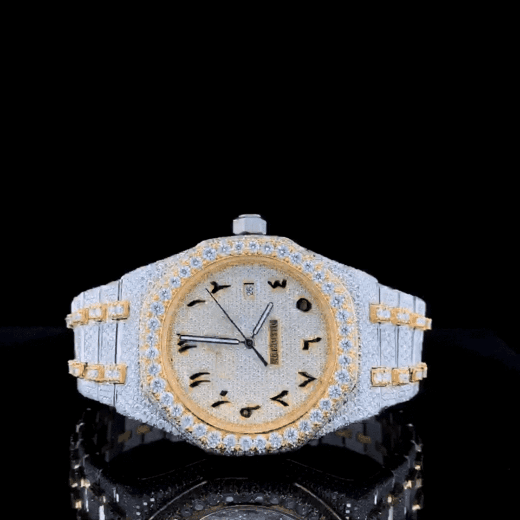 Custom Gold-Accent Arabic Dial Jumbo Flower Bezel Watch – VVS Moissanite Two-Tone Royal Edition 1 Custom Gold-Accent Arabic Dial Jumbo Flower Bezel Watch – VVS Moissanite Two-Tone Royal Edition