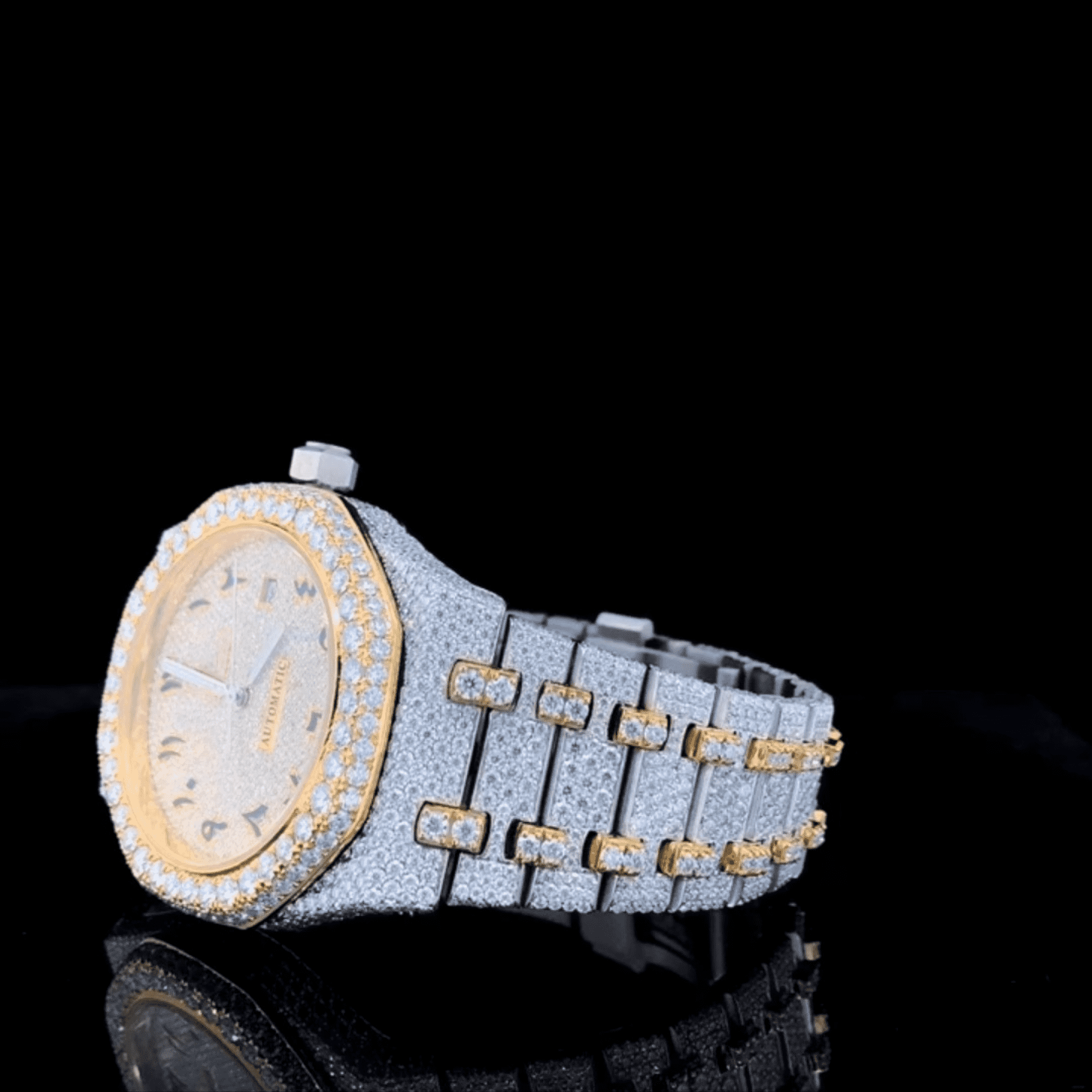 Custom Gold-Accent Arabic Dial Jumbo Flower Bezel Watch – VVS Moissanite Two-Tone Royal Edition 4 Custom Gold-Accent Arabic Dial Jumbo Flower Bezel Watch – VVS Moissanite Two-Tone Royal Edition - Image 4