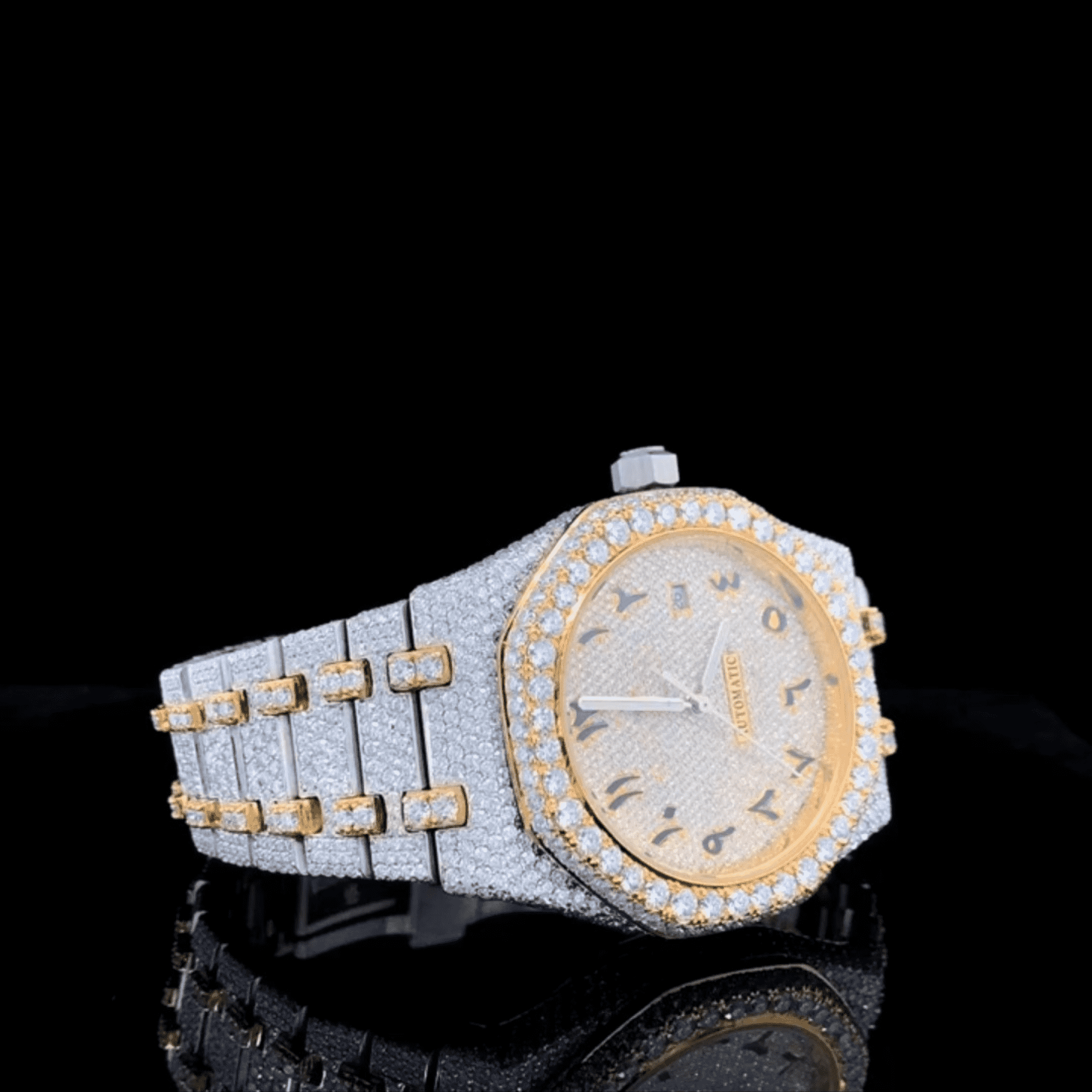 Custom Gold-Accent Arabic Dial Jumbo Flower Bezel Watch – VVS Moissanite Two-Tone Royal Edition 3 Custom Gold-Accent Arabic Dial Jumbo Flower Bezel Watch – VVS Moissanite Two-Tone Royal Edition - Image 3