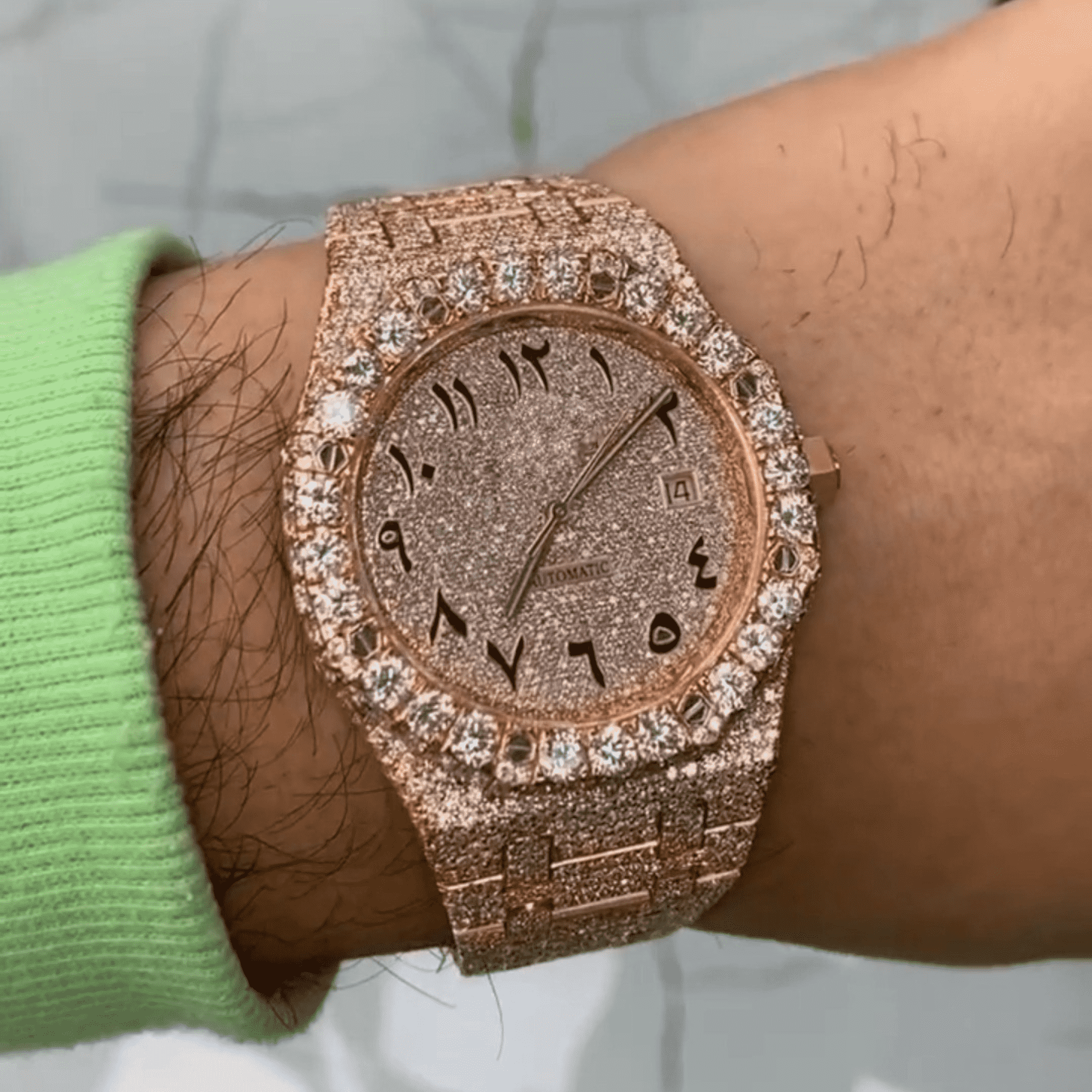 Custom Arabic Dial Jumbo Flower Bezel Bust Down Watch – VVS Moissanite Full Rose Gold Edition 1 Custom Arabic Dial Jumbo Flower Bezel Bust Down Watch – VVS Moissanite Full Rose Gold Edition
