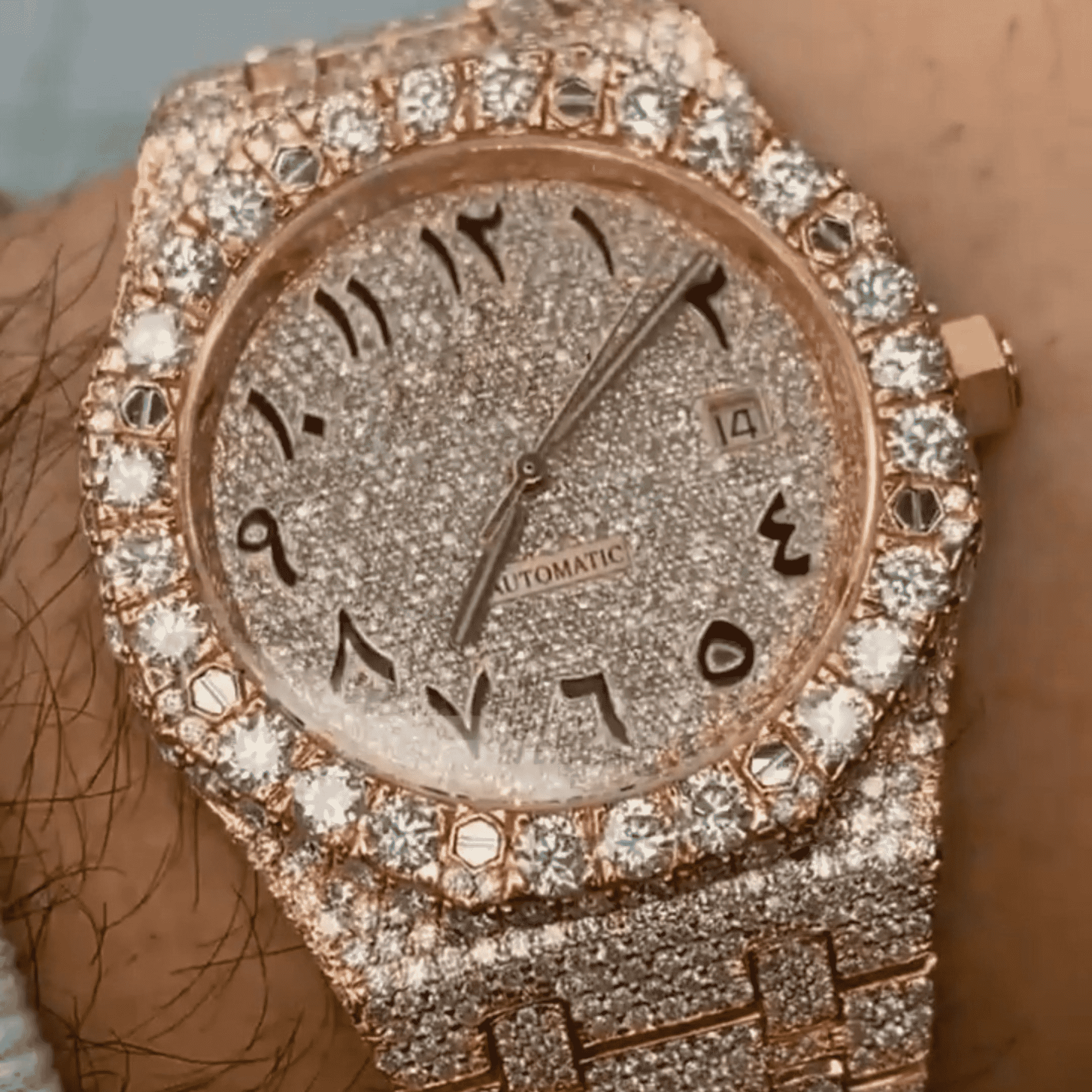 Custom Arabic Dial Jumbo Flower Bezel Bust Down Watch – VVS Moissanite Full Rose Gold Edition 2 Custom Arabic Dial Jumbo Flower Bezel Bust Down Watch – VVS Moissanite Full Rose Gold Edition - Image 2