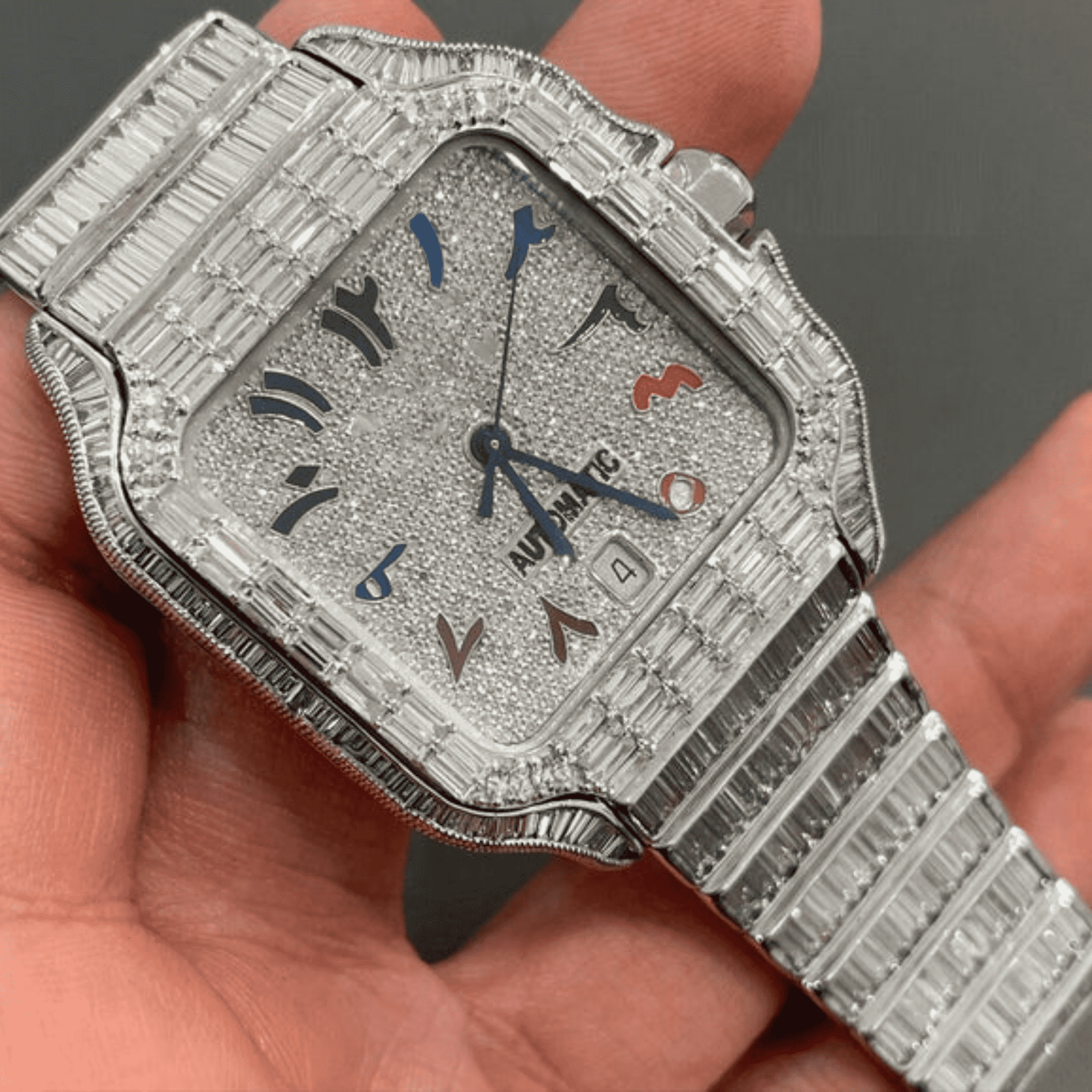 IcedJewelz Full Baguette Bezel Arabic Watch – VVS Moissanite Rainbow Dial Bust Down 1 IcedJewelz Full Baguette Bezel Arabic Watch – VVS Moissanite Rainbow Dial Bust Down