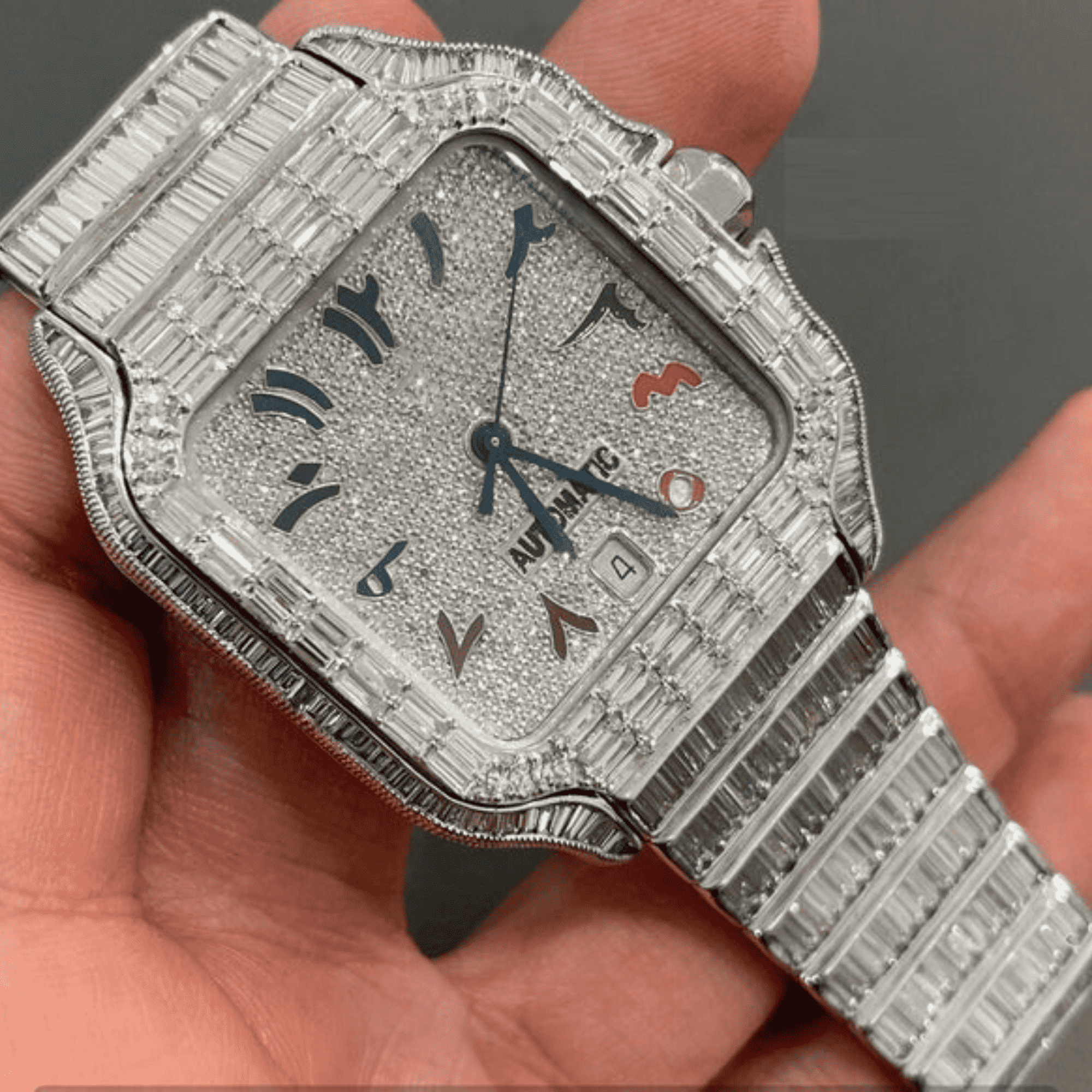 IcedJewelz Full Baguette Bezel Arabic Watch – VVS Moissanite Rainbow Dial Bust Down 4 IcedJewelz Full Baguette Bezel Arabic Watch – VVS Moissanite Rainbow Dial Bust Down - Image 4