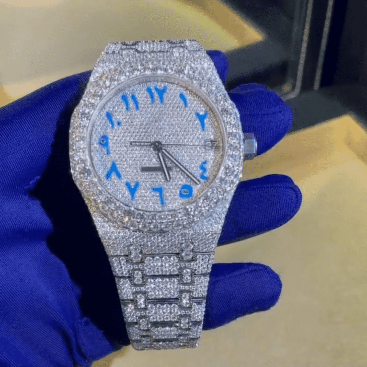 IcedJewelz Arabic Dial Jumbo Flower Bezel Bust Down Watch – VVS Moissanite Electric Blue Edition 4 IcedJewelz Arabic Dial Jumbo Flower Bezel Bust Down Watch – VVS Moissanite Electric Blue Edition - Image 4