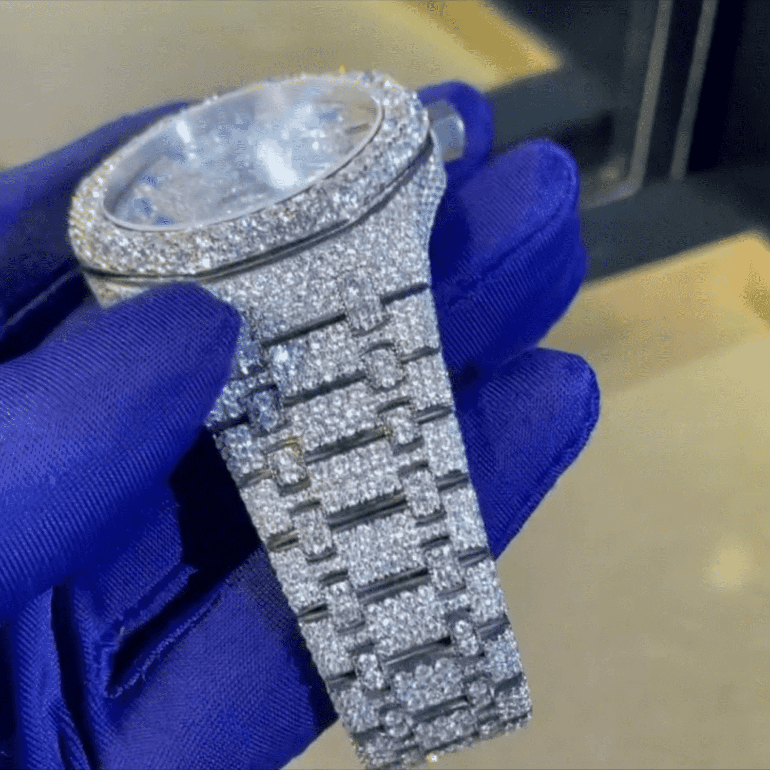 IcedJewelz Arabic Dial Jumbo Flower Bezel Bust Down Watch – VVS Moissanite Electric Blue Edition 3 IcedJewelz Arabic Dial Jumbo Flower Bezel Bust Down Watch – VVS Moissanite Electric Blue Edition - Image 3
