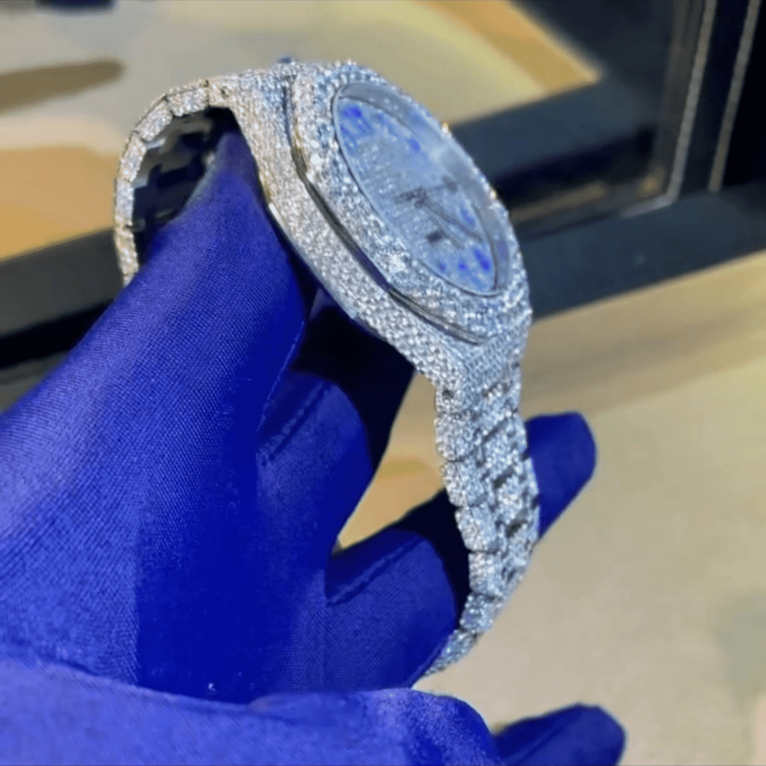 IcedJewelz Arabic Dial Jumbo Flower Bezel Bust Down Watch – VVS Moissanite Electric Blue Edition 2 IcedJewelz Arabic Dial Jumbo Flower Bezel Bust Down Watch – VVS Moissanite Electric Blue Edition - Image 2