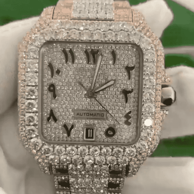 IcedJewelz Two-Tone Rose Gold Baguette Arabic Watch – VVS Moissanite Square Bust Down 1 IcedJewelz Two-Tone Rose Gold Baguette Arabic Watch – VVS Moissanite Square Bust Down
